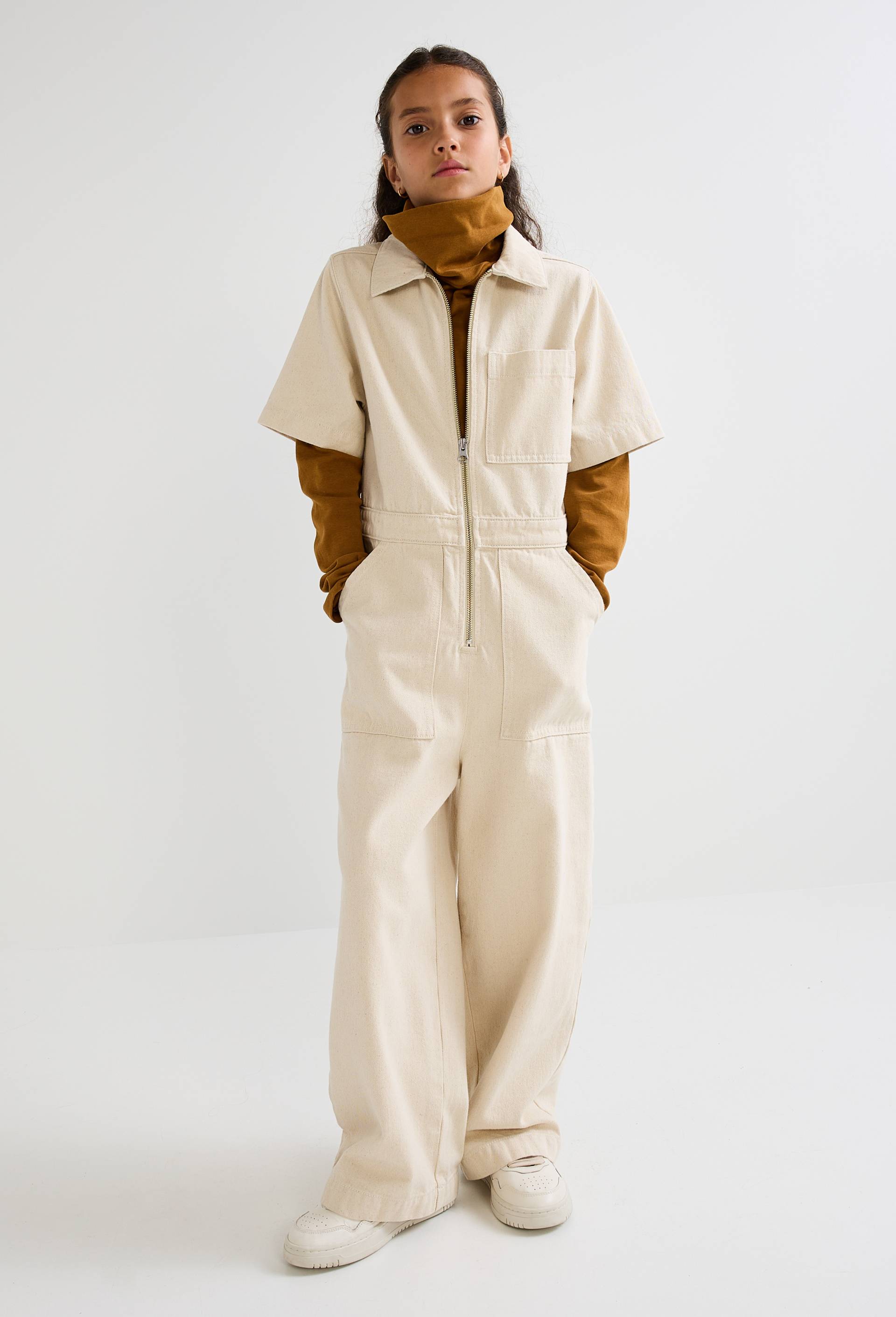 Combinaison manches courtes unie en coton BIO, Beige clair, large image number 0