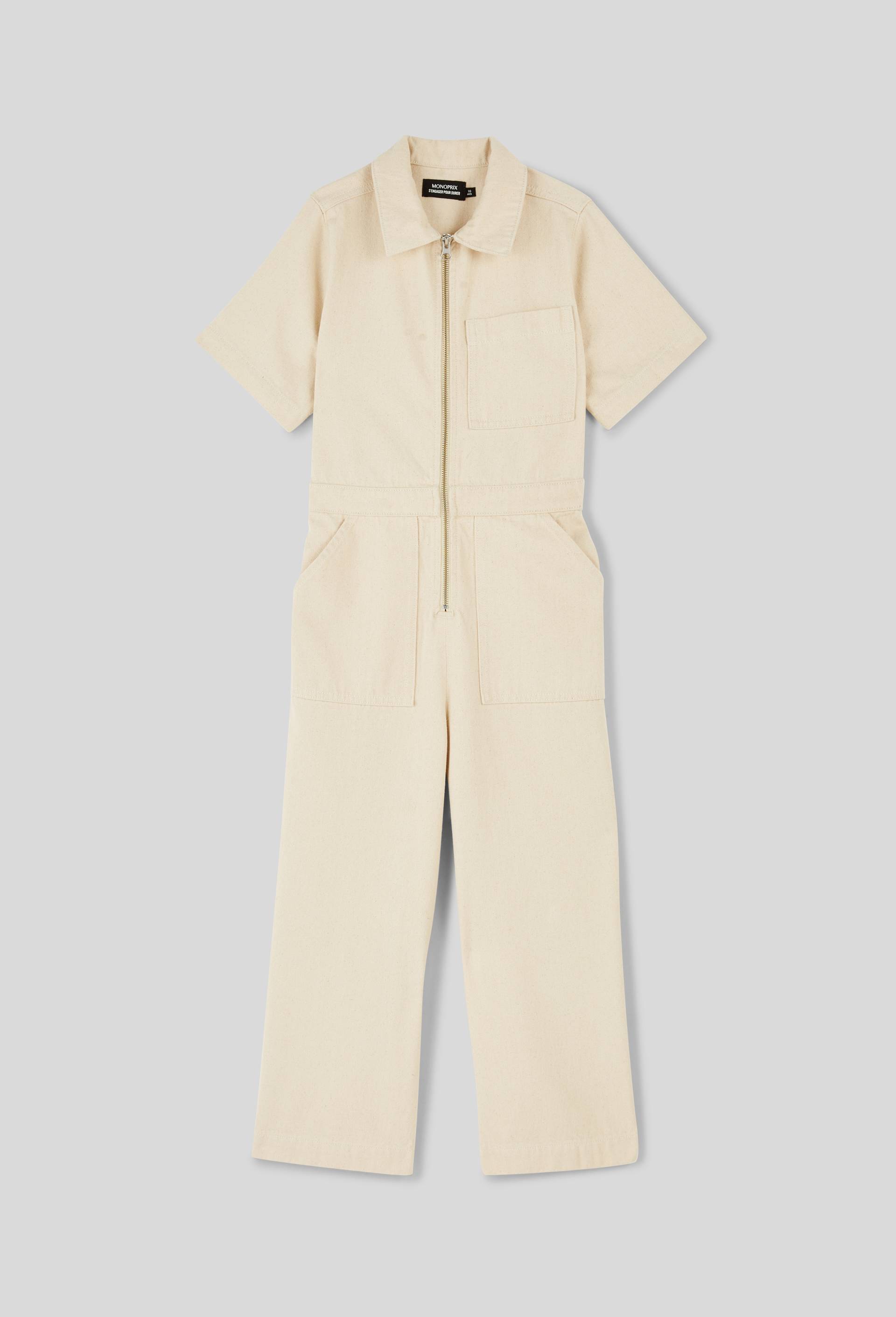 Combinaison manches courtes unie en coton BIO, Beige clair, large image number 1