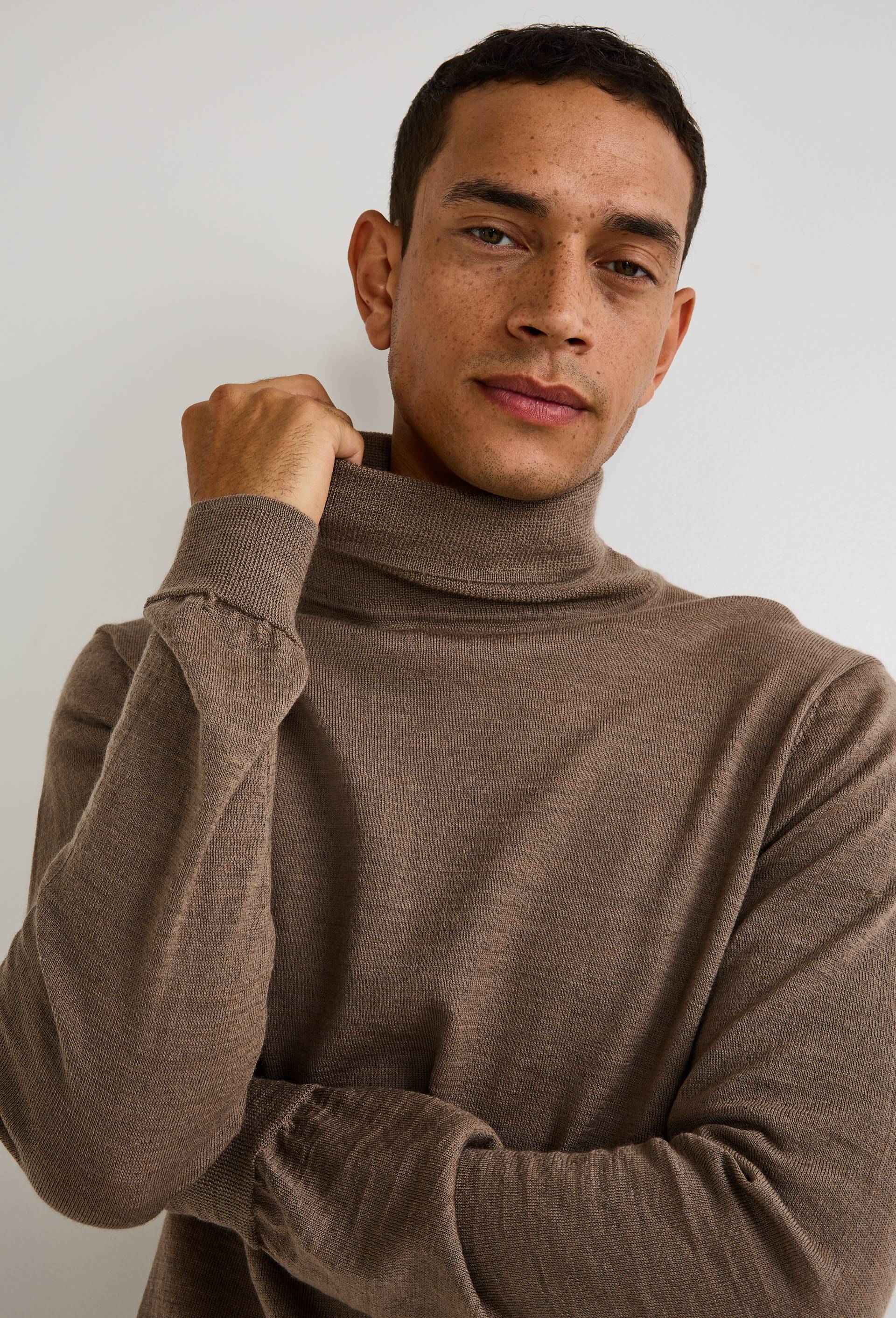 Pull col roulé en laine mérinos, Brun clair, swatch image