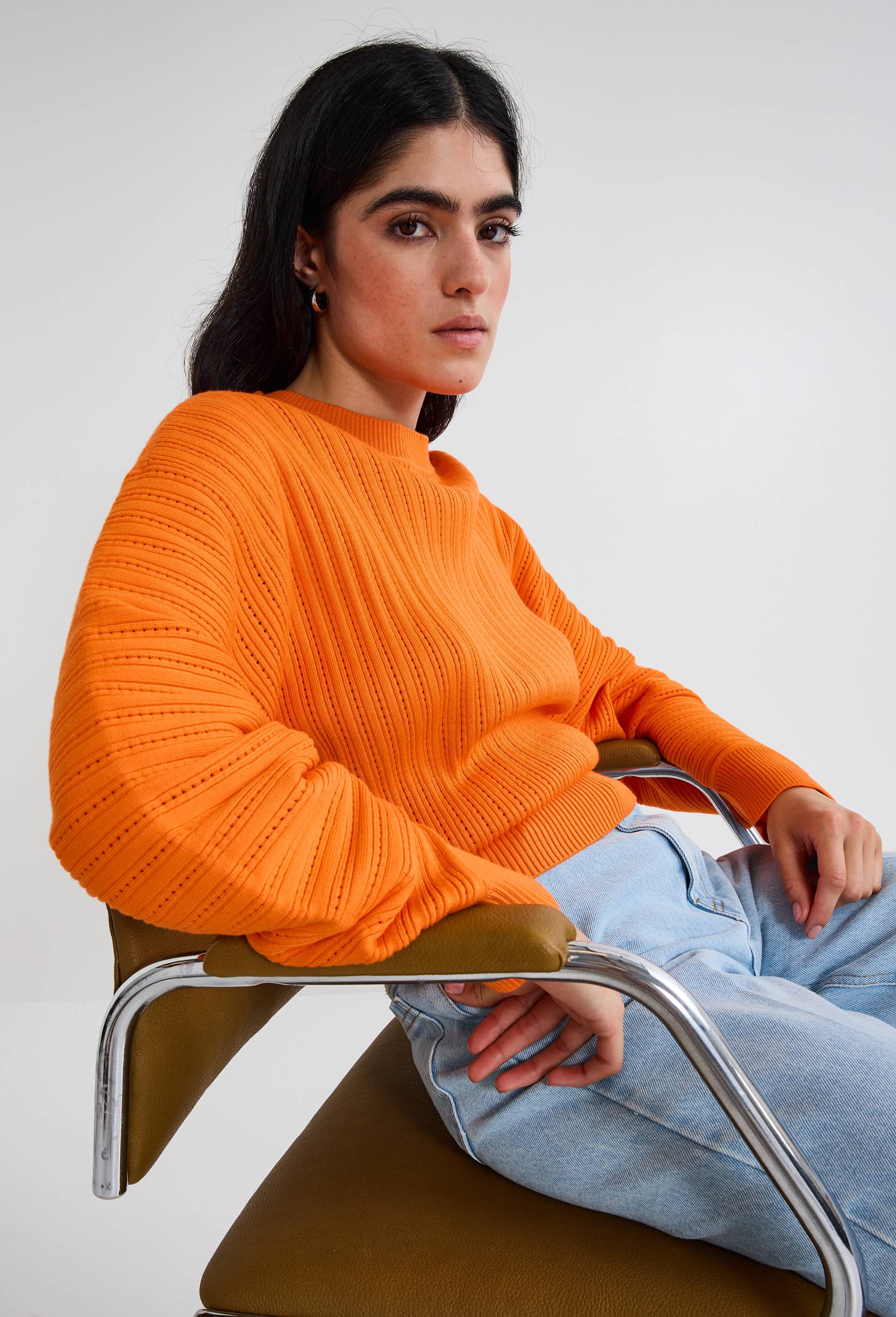 Pull col rond maille fantaisie, Orange, large image number 1