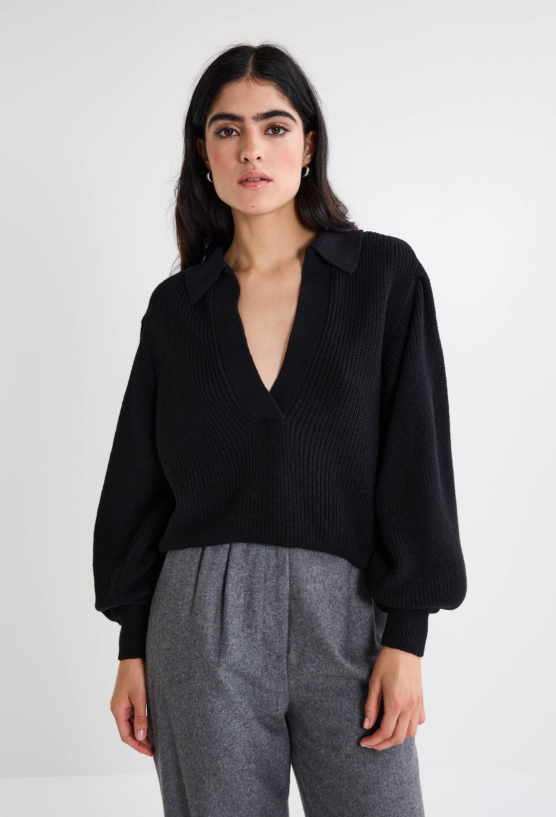 Pull col polo maille fantaisie, Noir, large image number 1