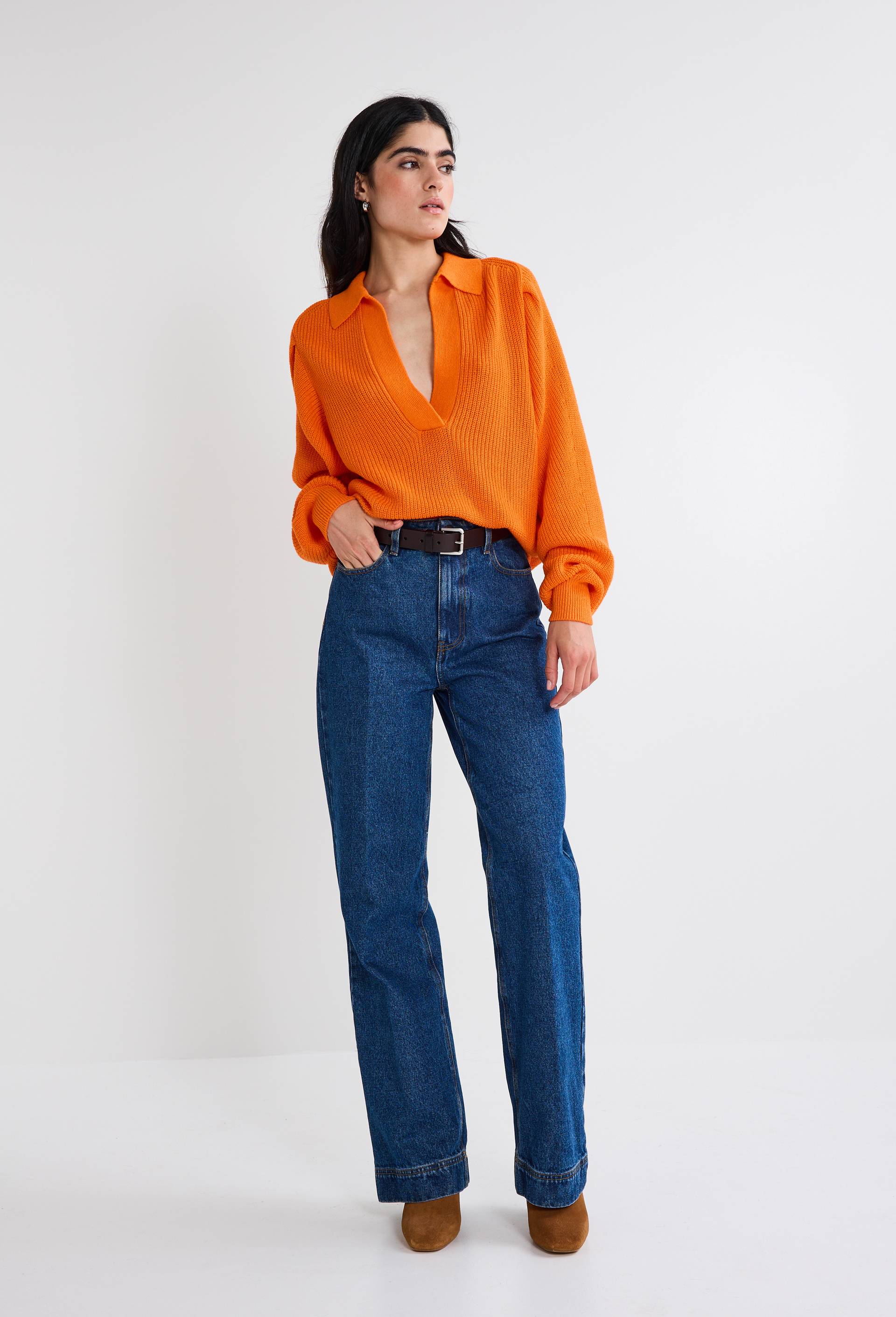 Pull col polo maille fantaisie, Orange, swatch image