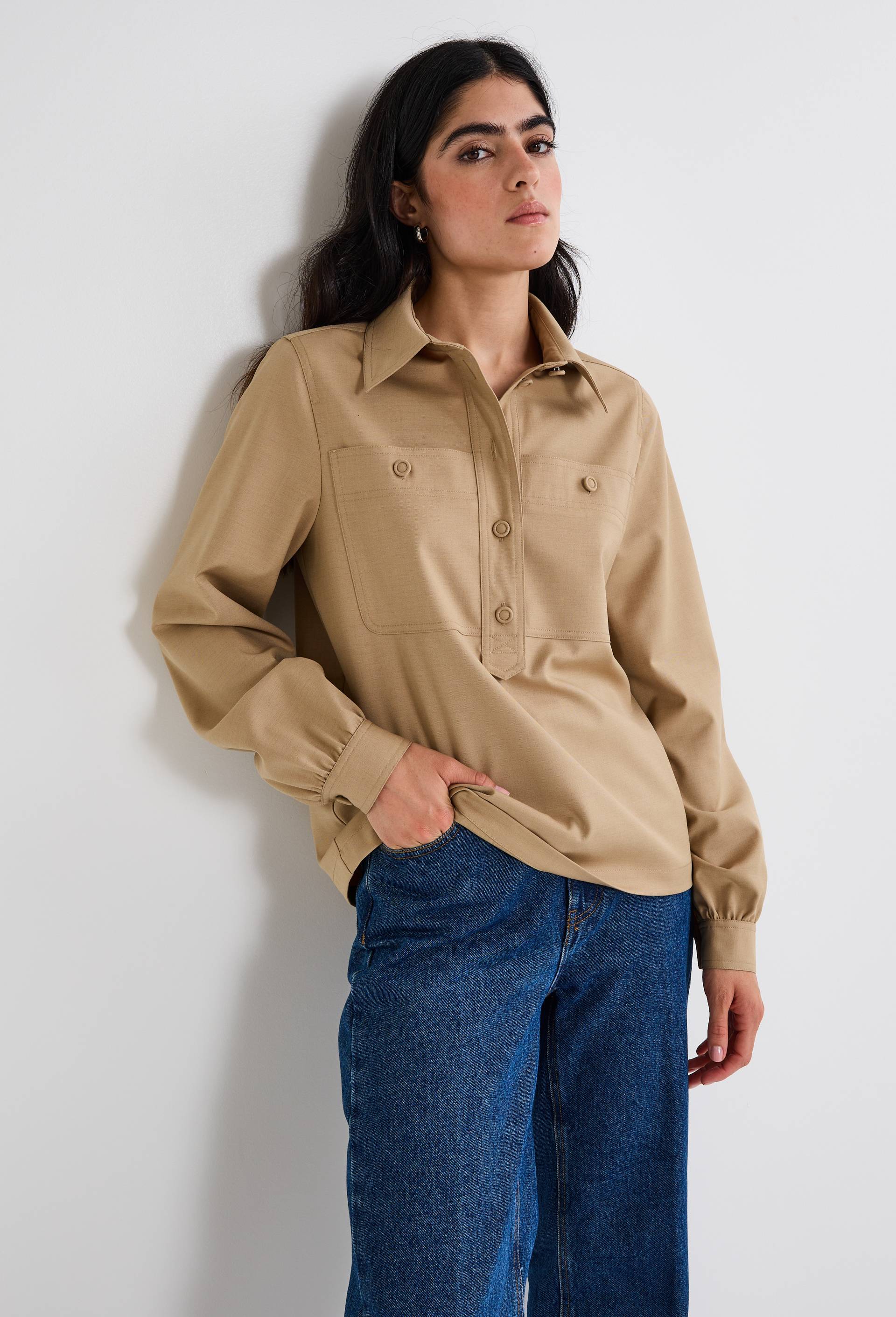 Blouse manches longues unie, Beige, large image number 0