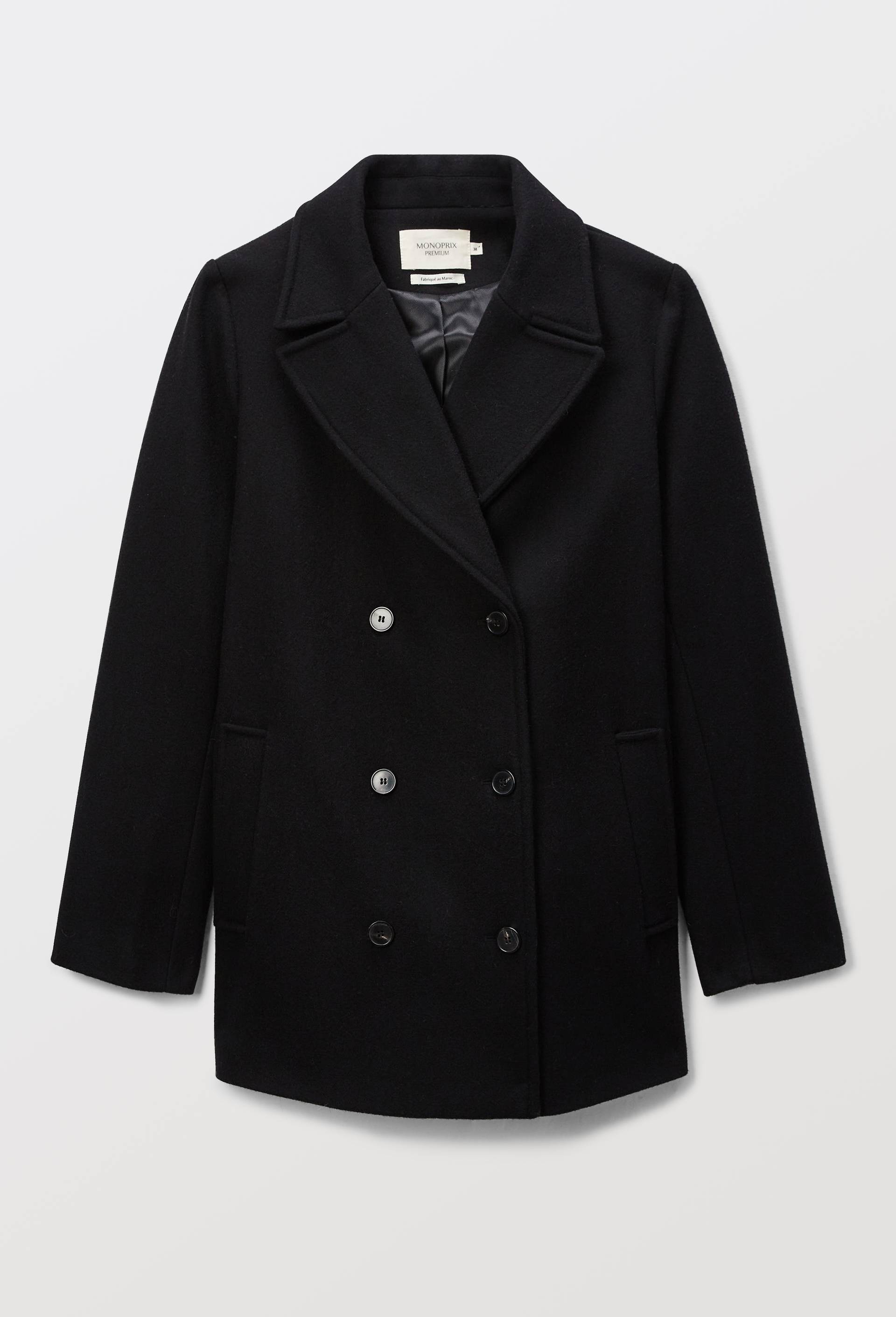 Caban court double boutonnage contenant de la laine NOIR pour