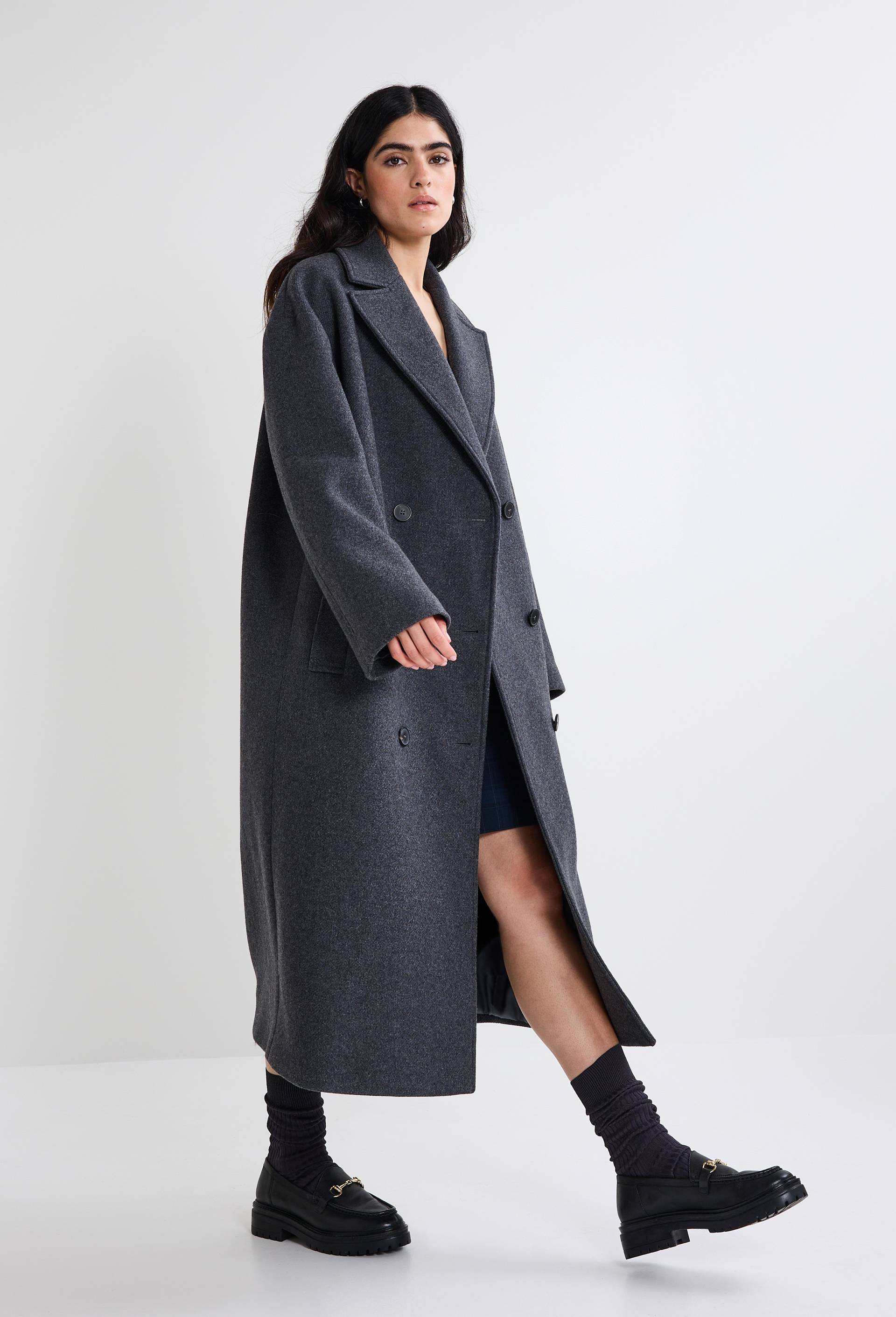 Manteau uni double boutonnage contenant de la laine GRIS FONCE pour femme MONOPRIX PREMIUM