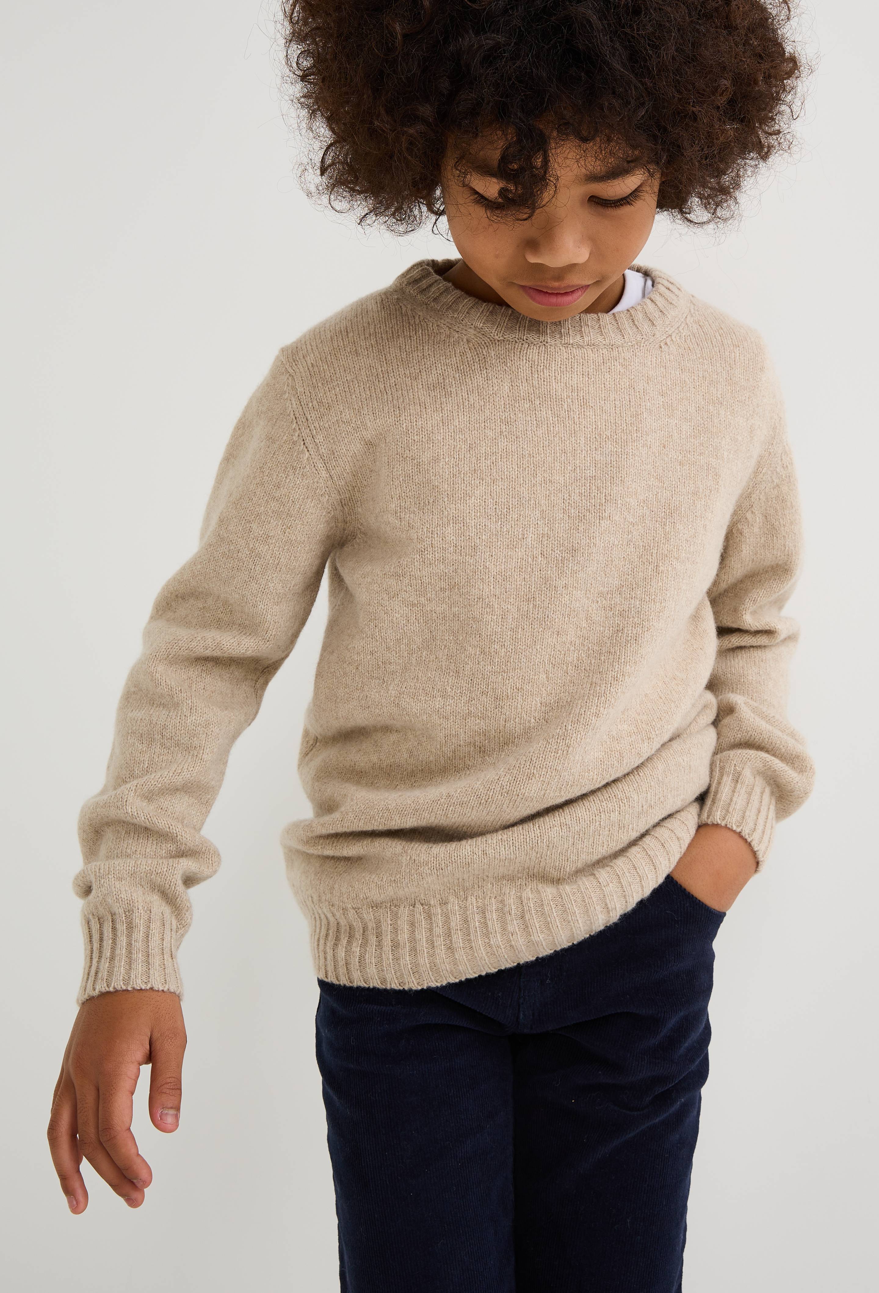 Pull col rond uni contenant de la laine et du yack, Beige, swatch image