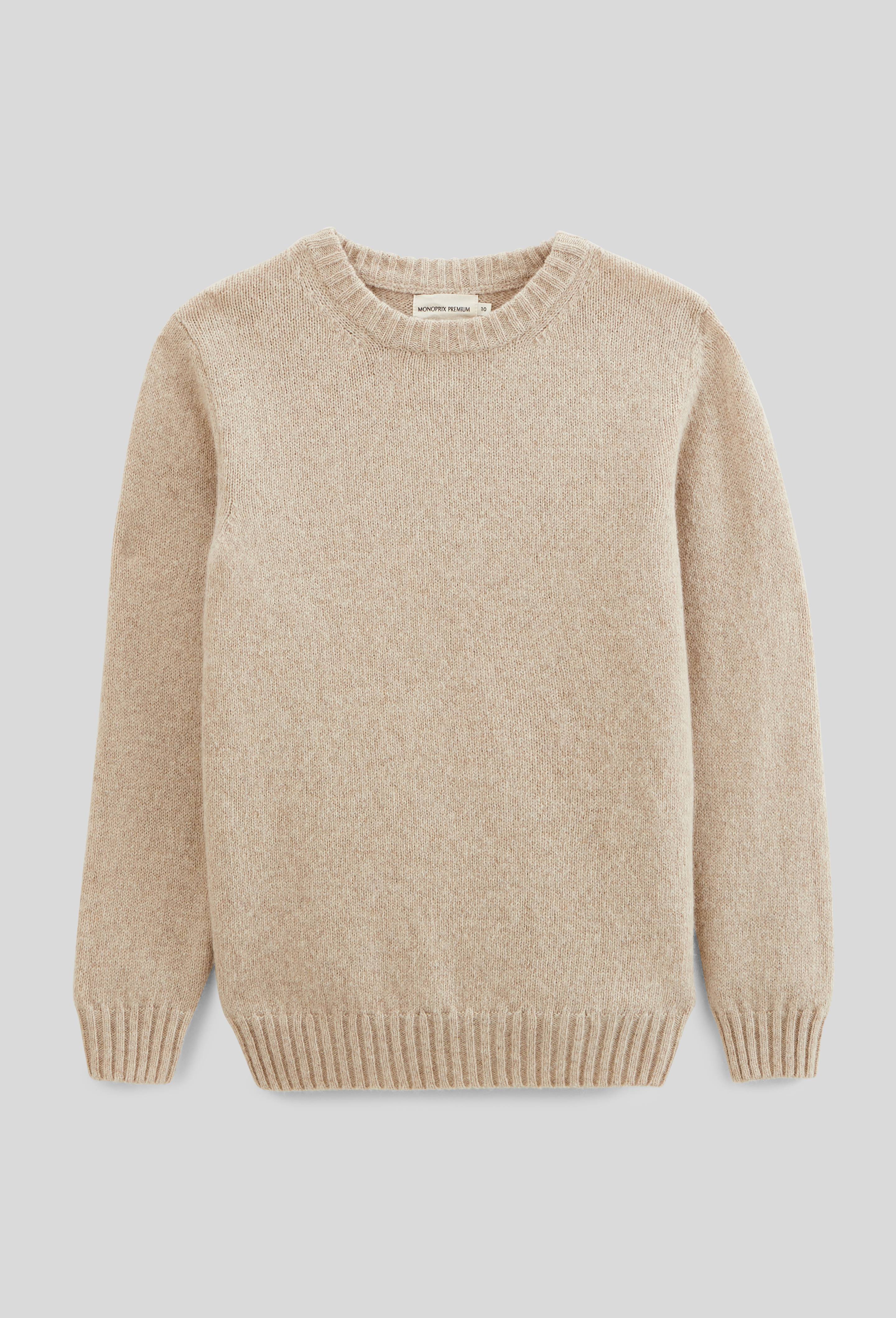 Pull col rond uni contenant de la laine et du yack, Beige, large image number 1