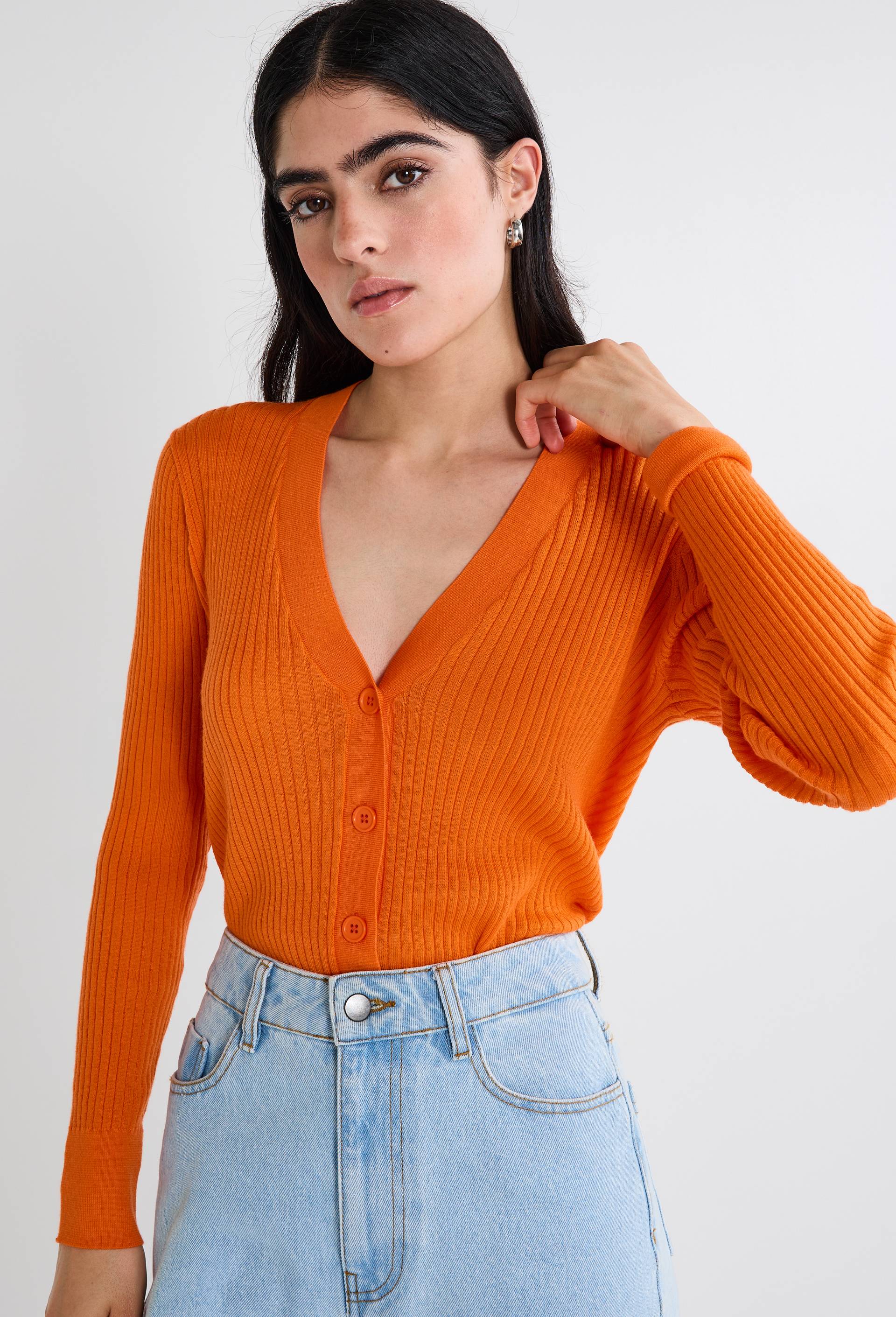 Cardigan côtelé en laine, Orange, large image number 0