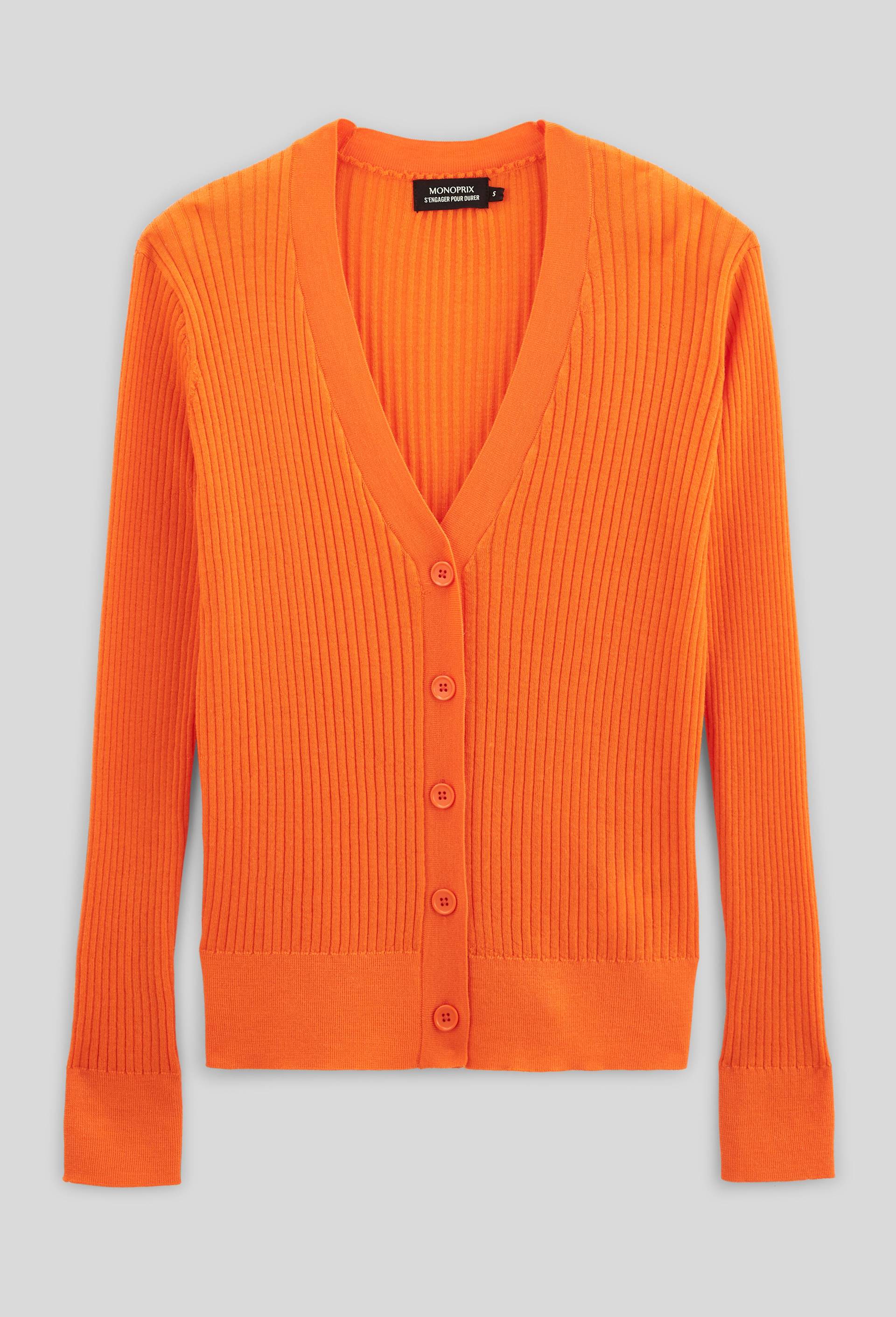 Cardigan côtelé en laine, Orange, large image number 2