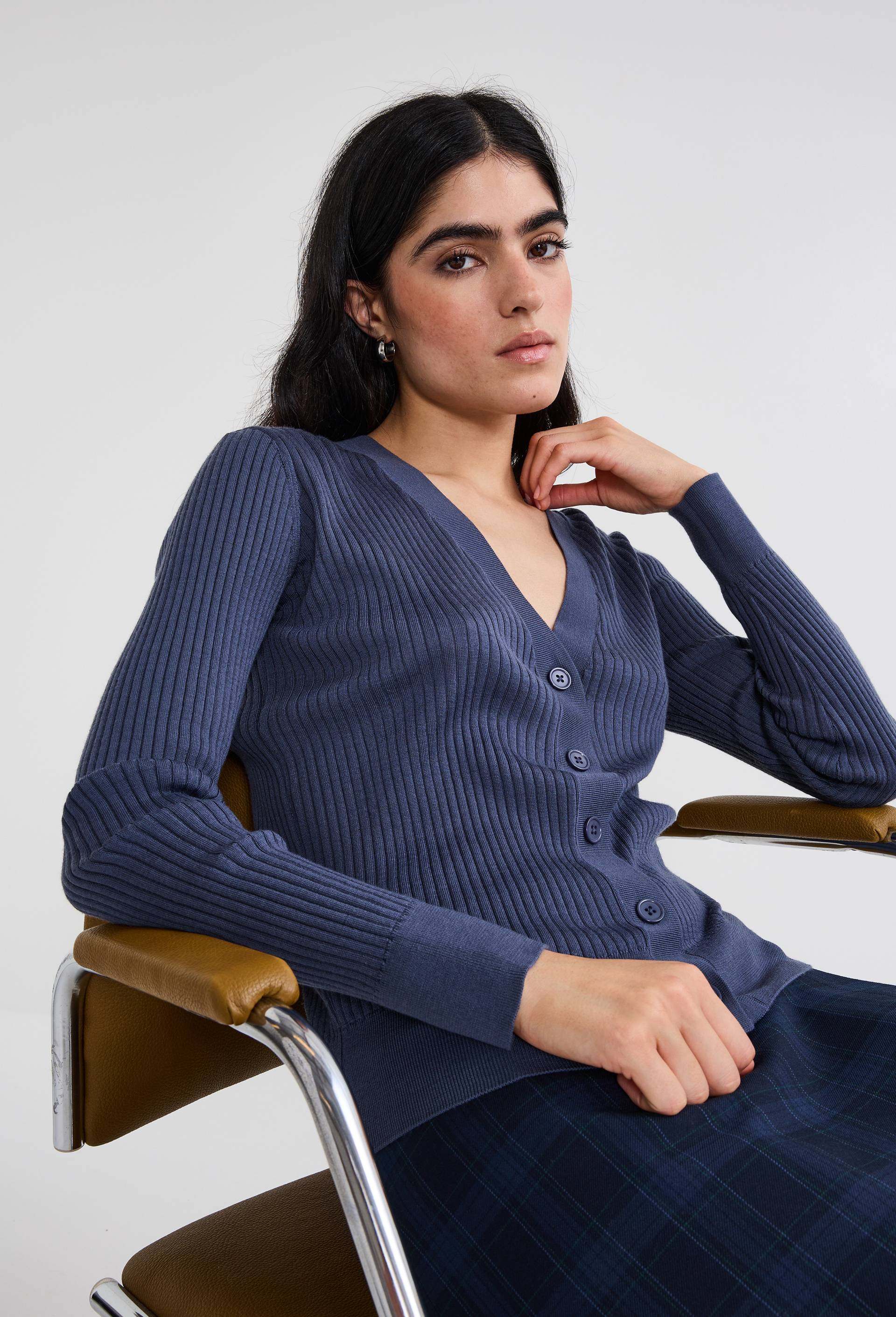 Cardigan côtelé en laine, Bleu foncé, swatch image