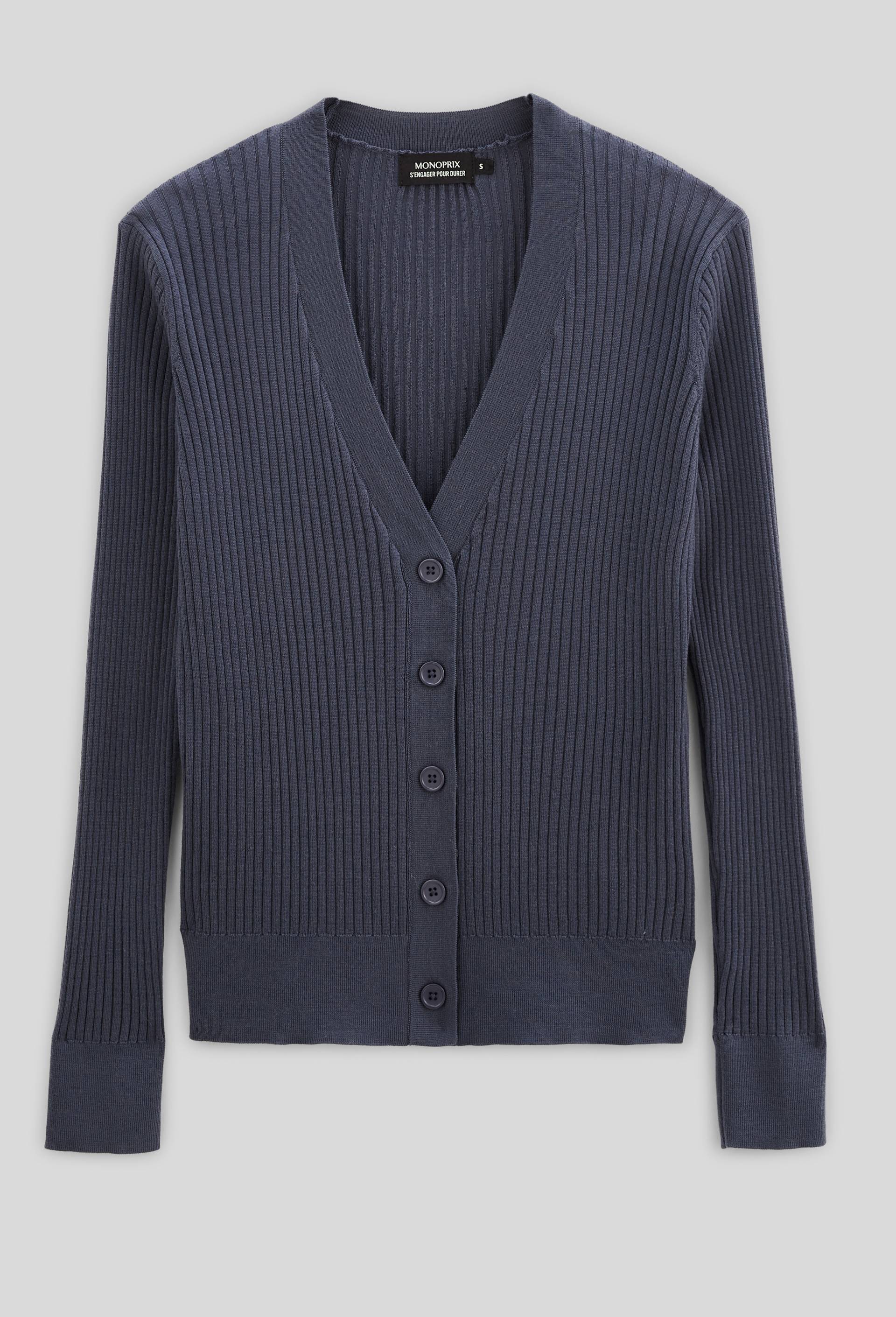 Cardigan côtelé en laine, Bleu foncé, large image number 2