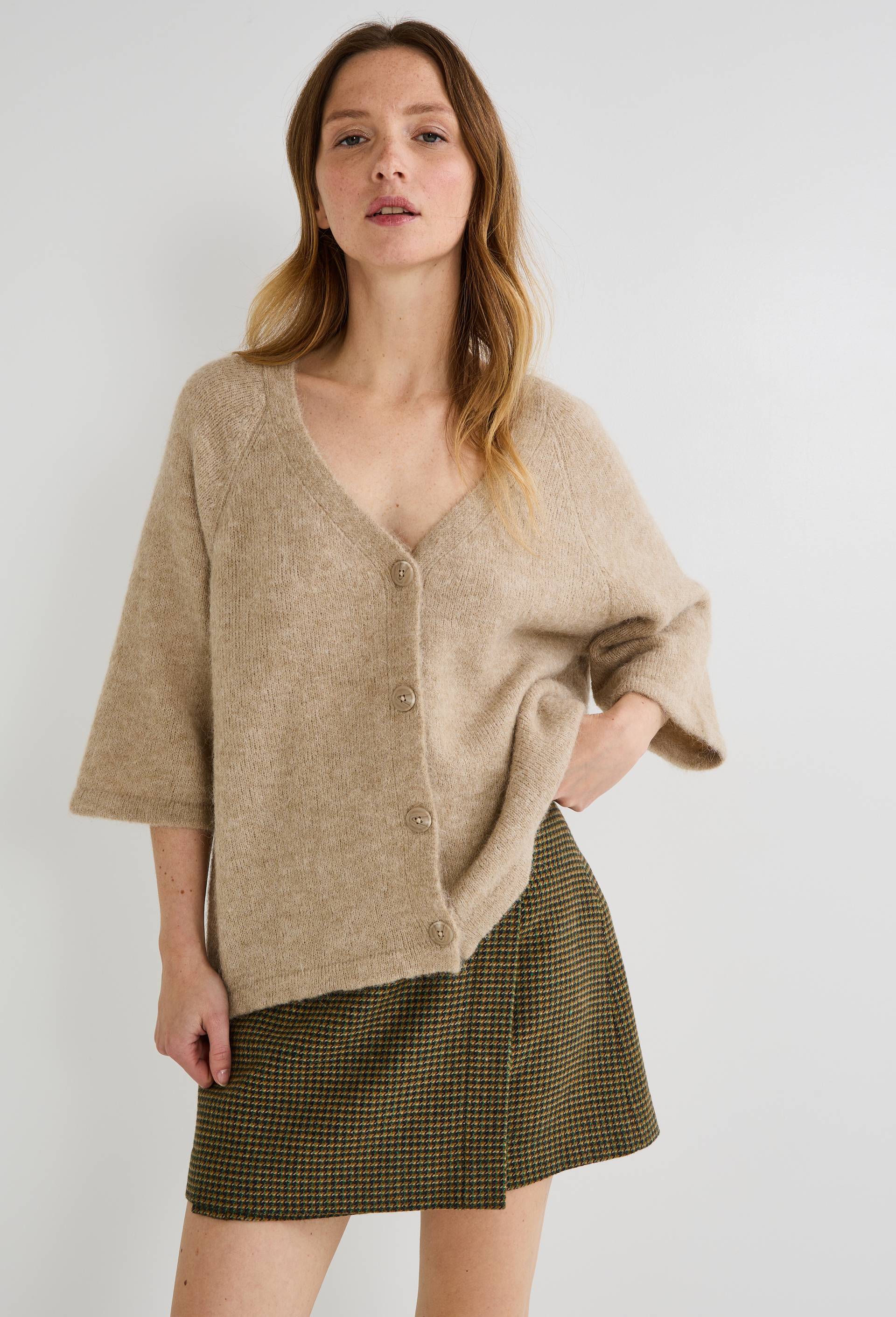 Cardigan manches coudes boutonné contenant de l'alpaga, Beige, large image number 0