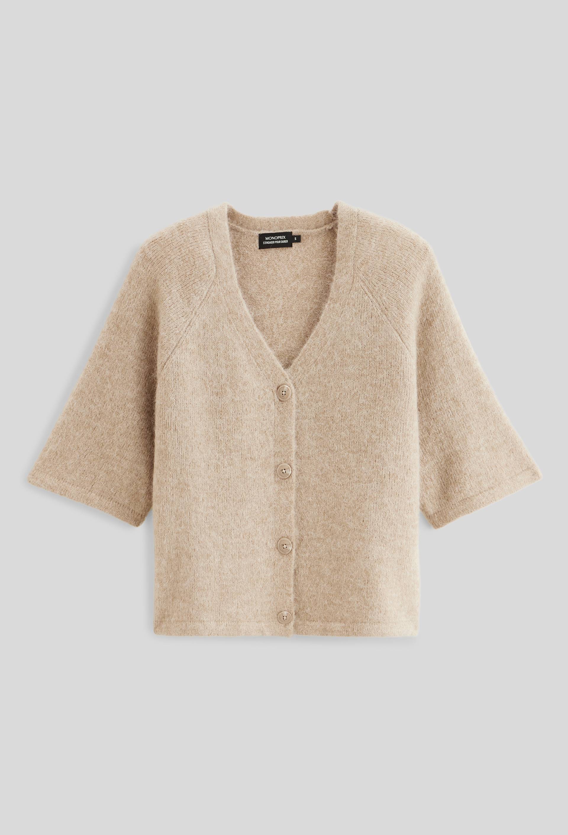 Cardigan manches coudes boutonné contenant de l'alpaga, Beige, large image number 2.0