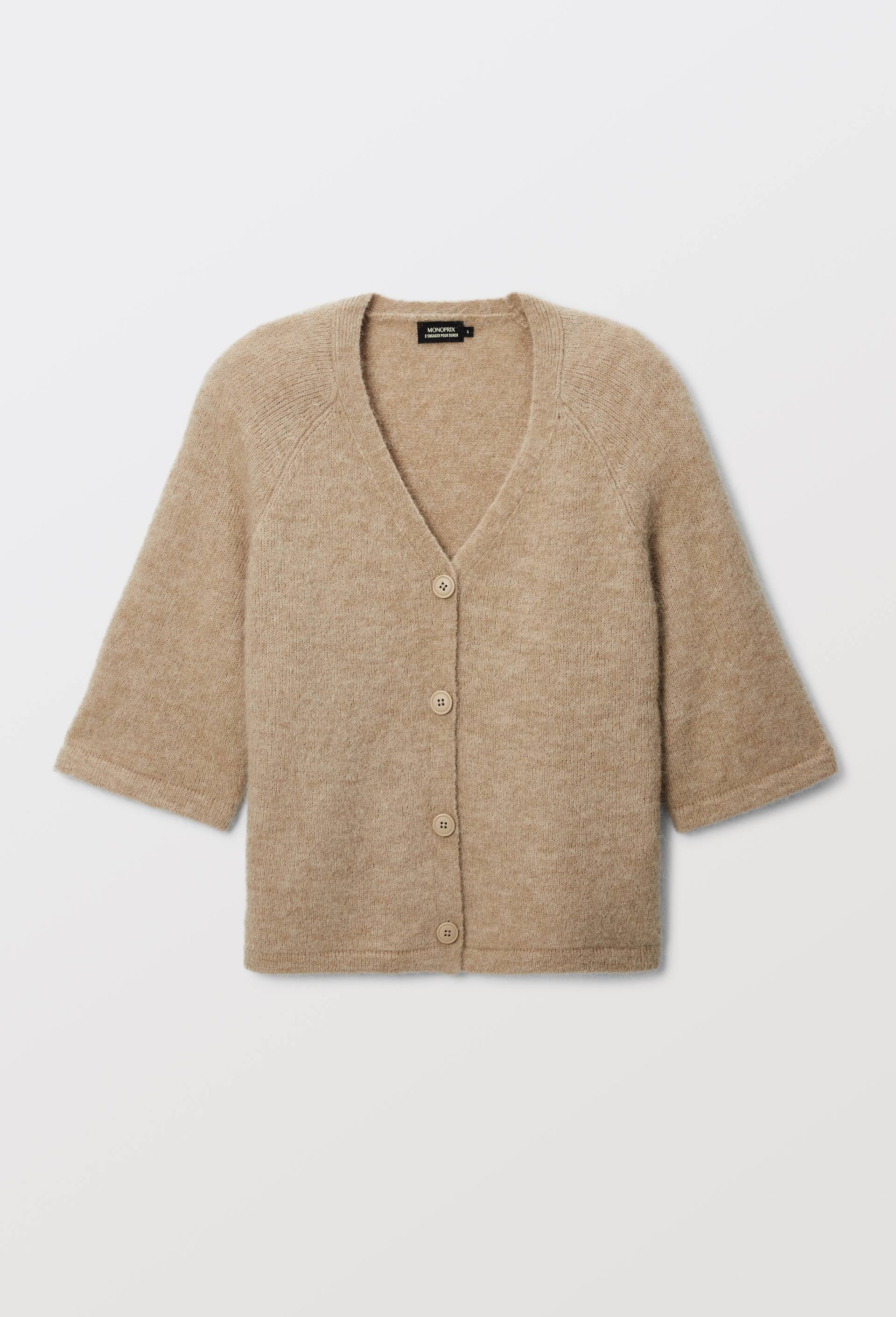 Cardigan manches coudes boutonn&eacute; contenant de l'alpaga, Beige, large image number 2.0