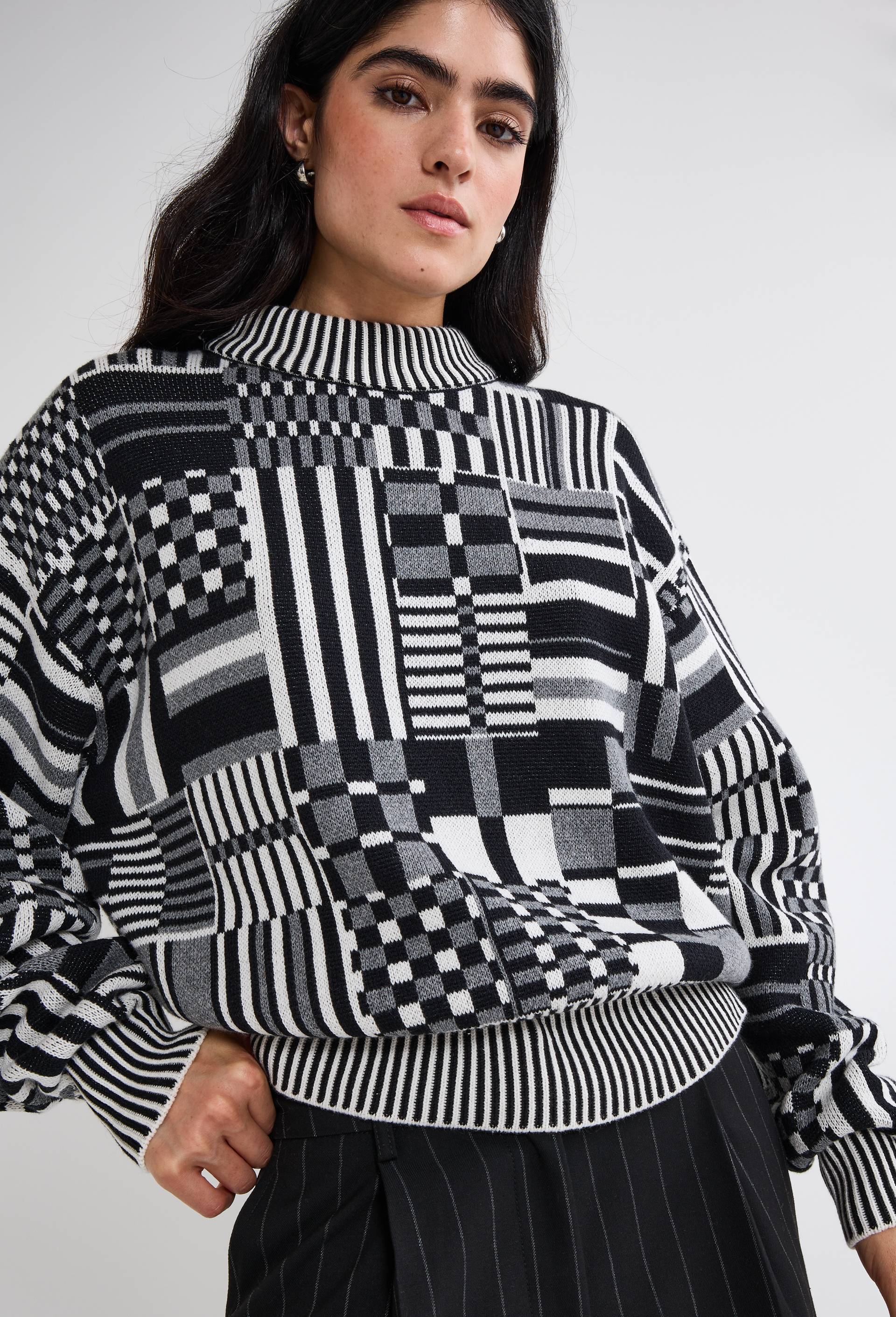 Pull jacquard graphique en coton BIO, Noir, large image number 2.0