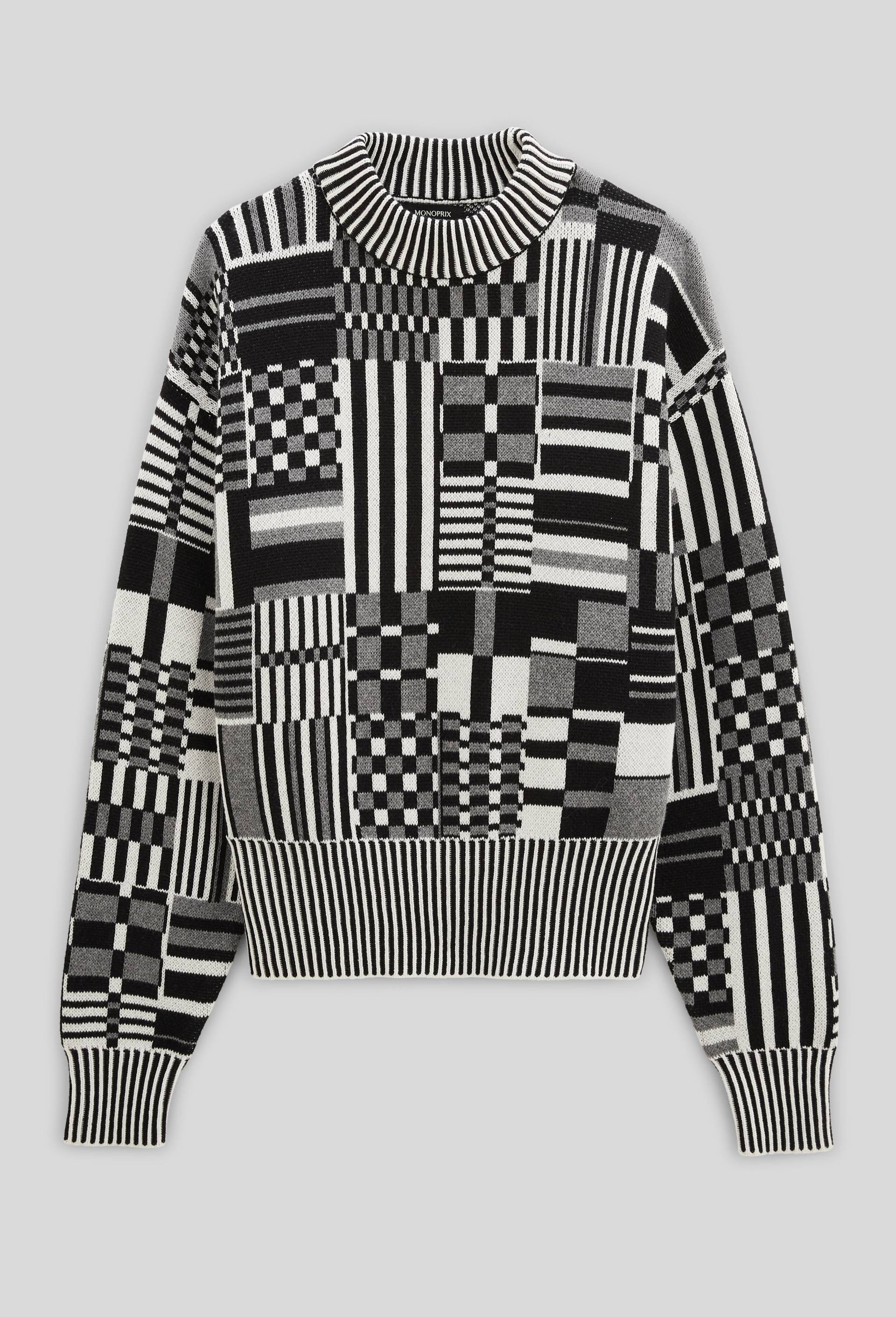 Pull jacquard graphique en coton BIO, Noir, large image number 4.0