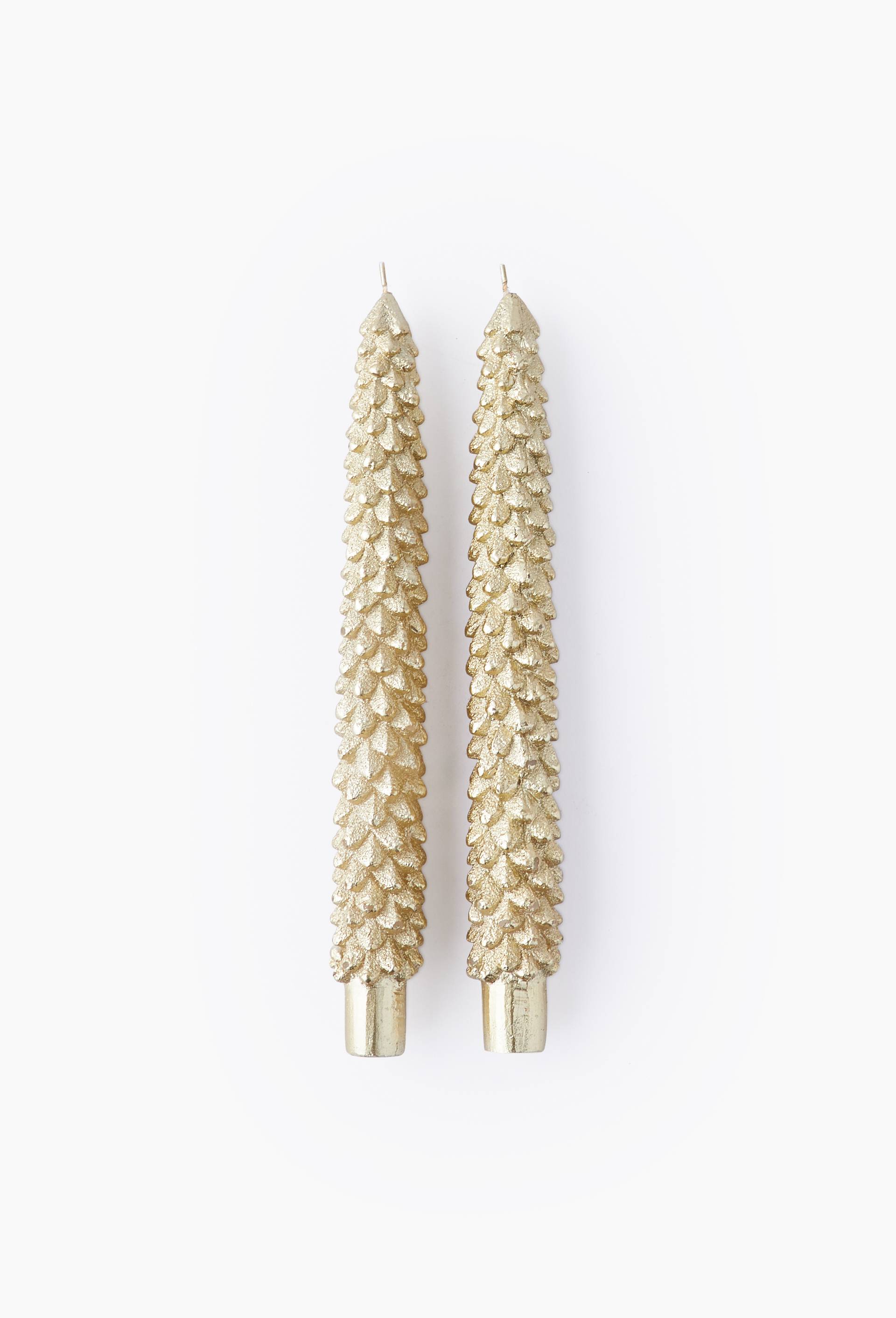 Lot de 2 bougies flambeaux forme sapin,  D3xH24.5cm, en cire, Or, large image number 0