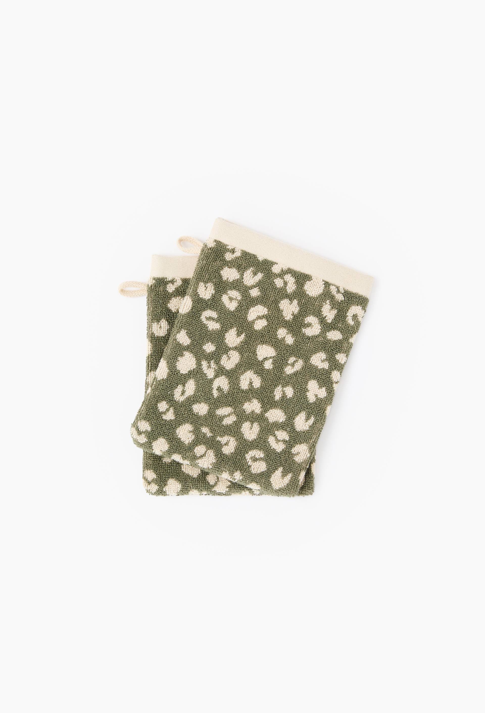 Lot de 2 gants de toilette &agrave; motif l&eacute;opard, 15x21cm, en coton BIO GOTS, Vert fonc&eacute;, large image number 1