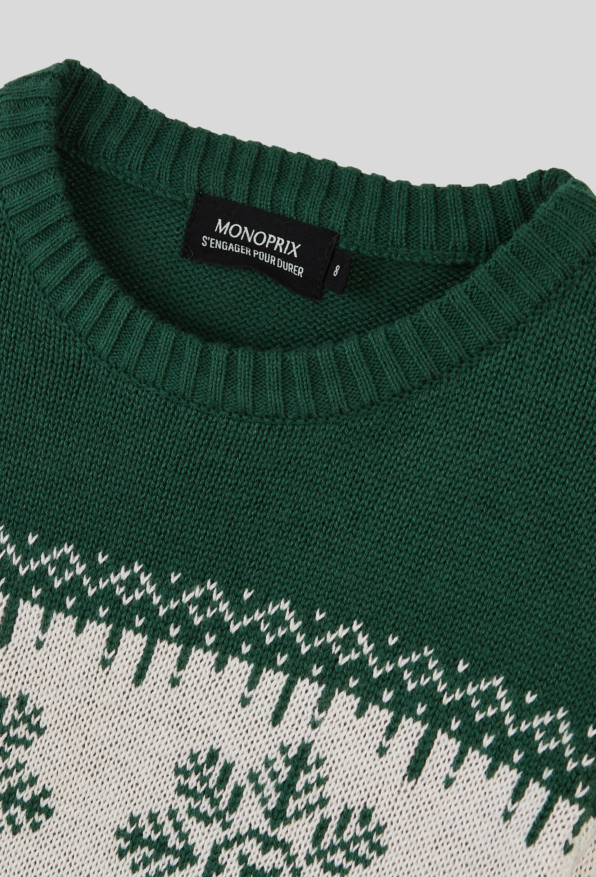 Pull col rond jacquard contient de la laine, Vert fonc&eacute;, large image number 2.0