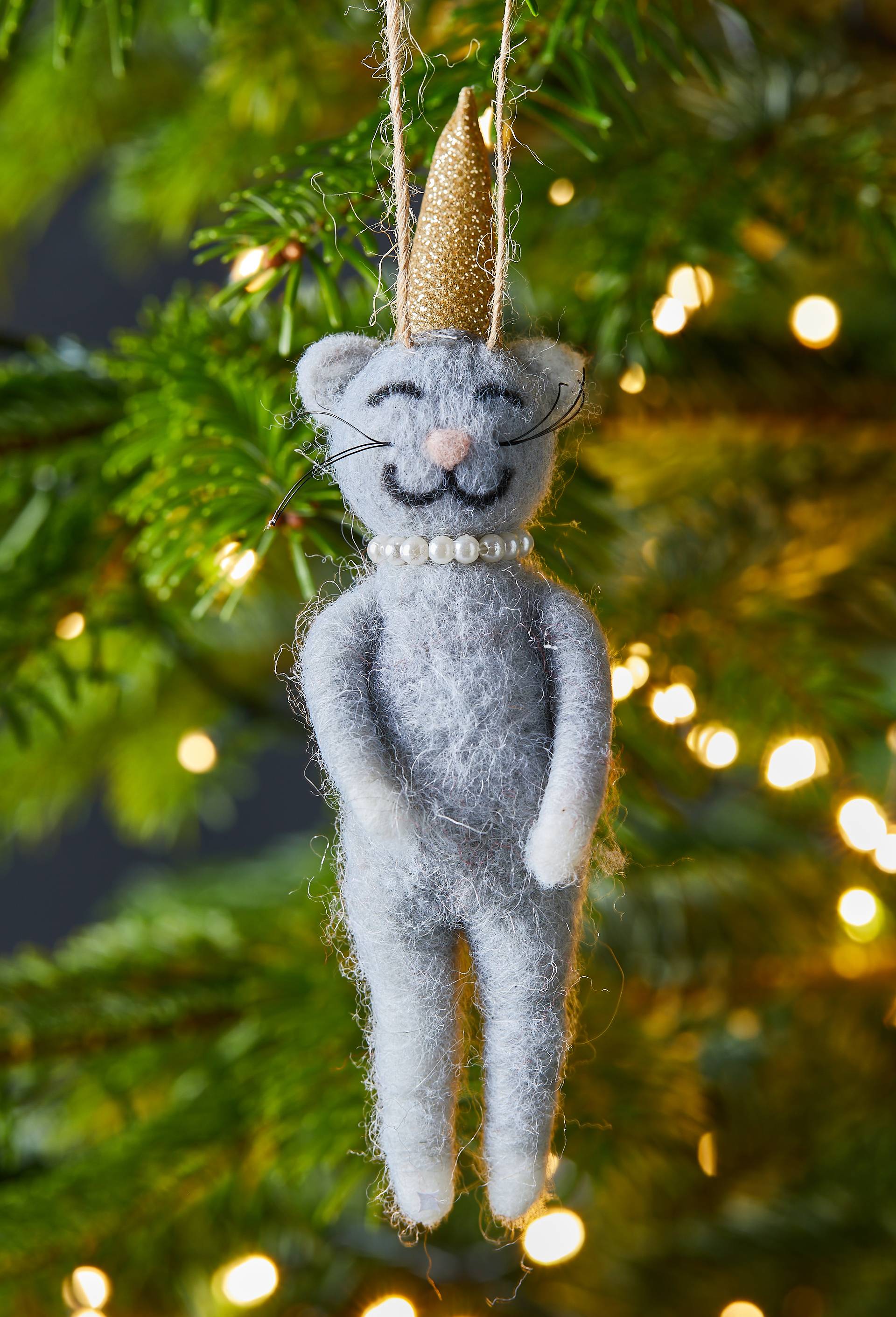 Ornement chat, 14.5cm, en laine, Gris, large image number 0
