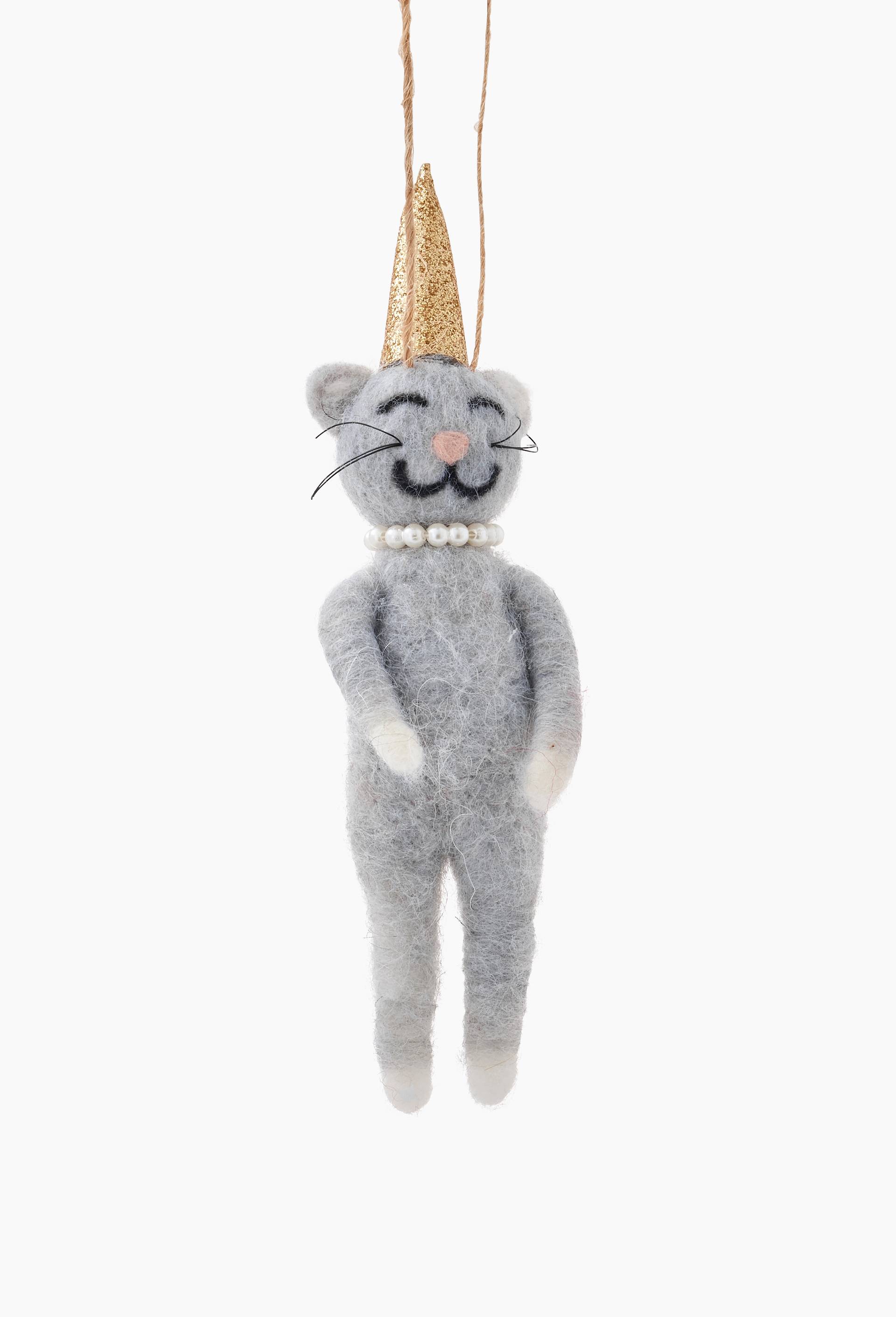 Ornement chat, 14.5cm, en laine, Gris, large image number 1