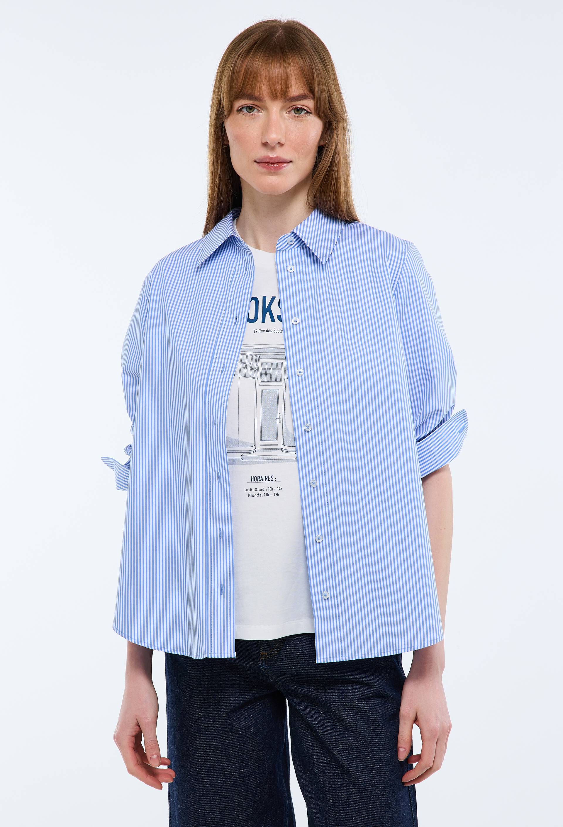 Chemise manches longues ray&eacute;e en coton BIO GOTS, Bleu, large image number 0.0