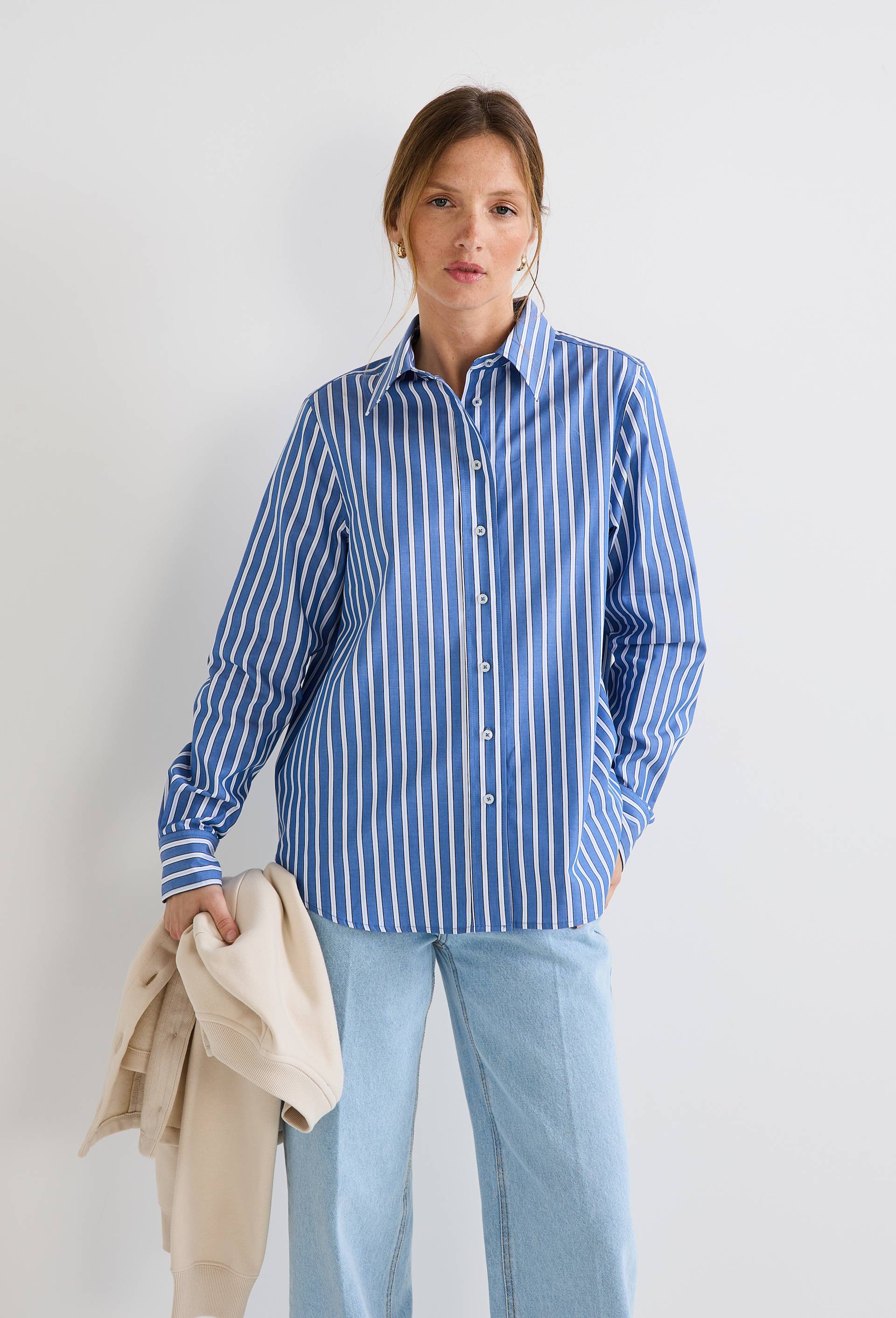 Chemise manches longues rayée en coton BIO GOTS, Bleu, large image number 0