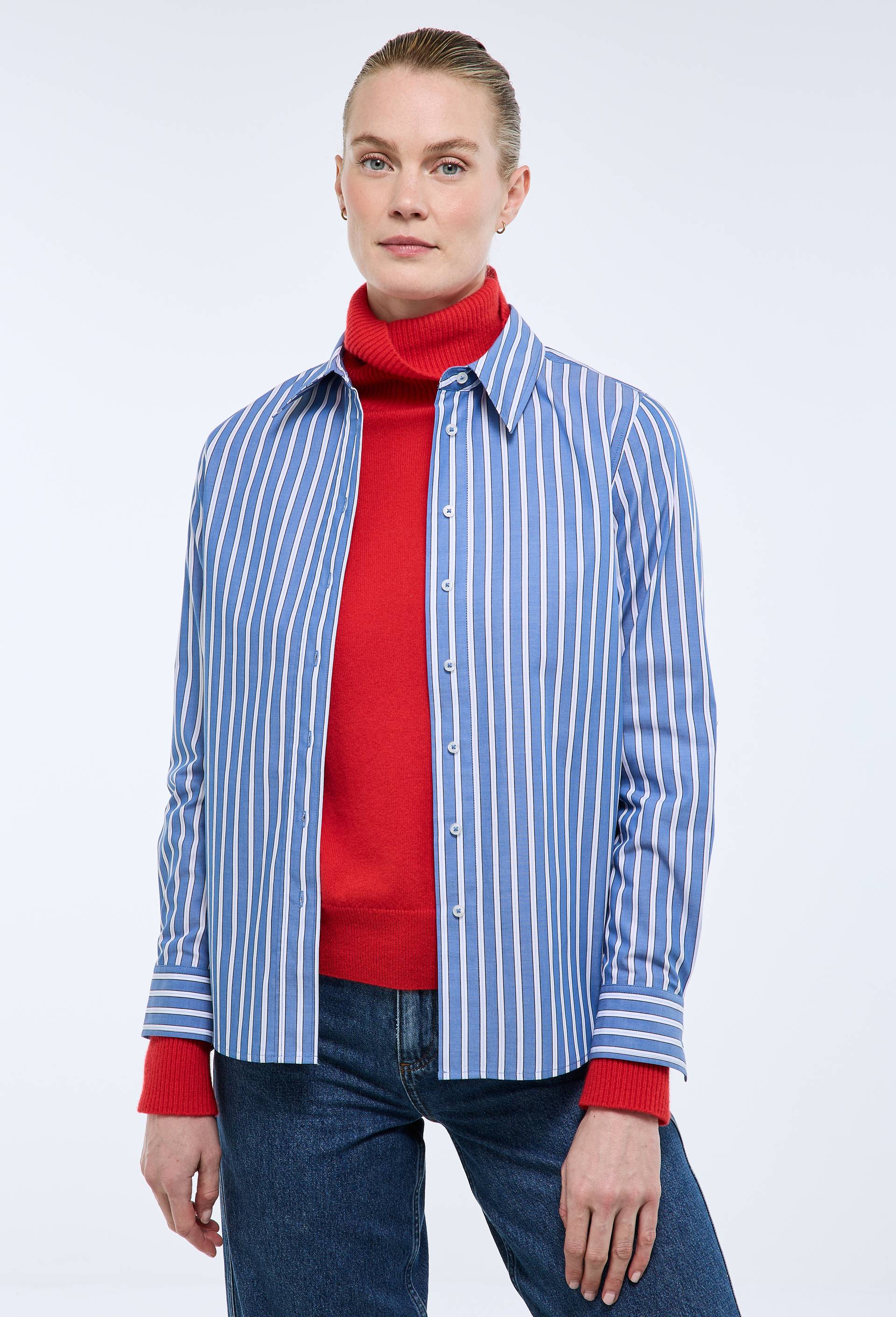 Chemise manches longues ray&eacute;e en coton BIO GOTS, Bleu, large image number 0.0