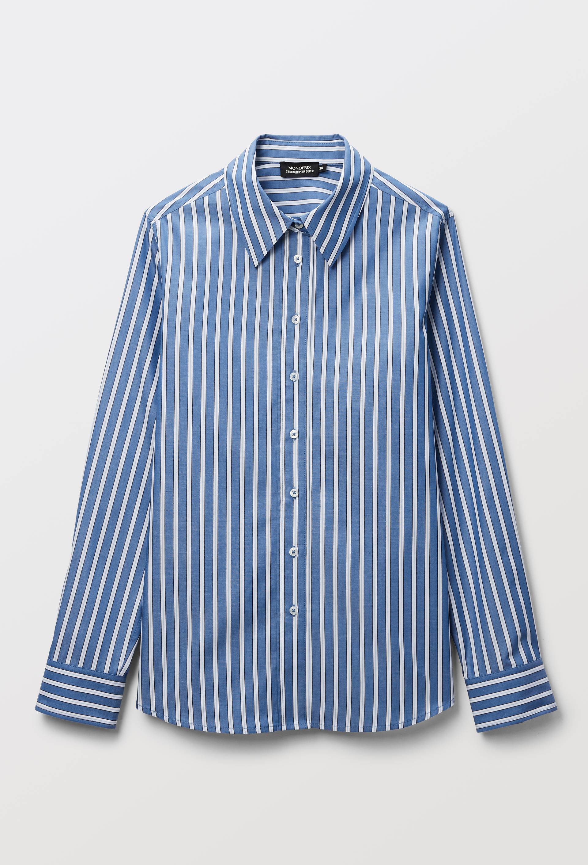 Chemise manches longues ray&eacute;e en coton BIO GOTS, Bleu, large image number 2.0