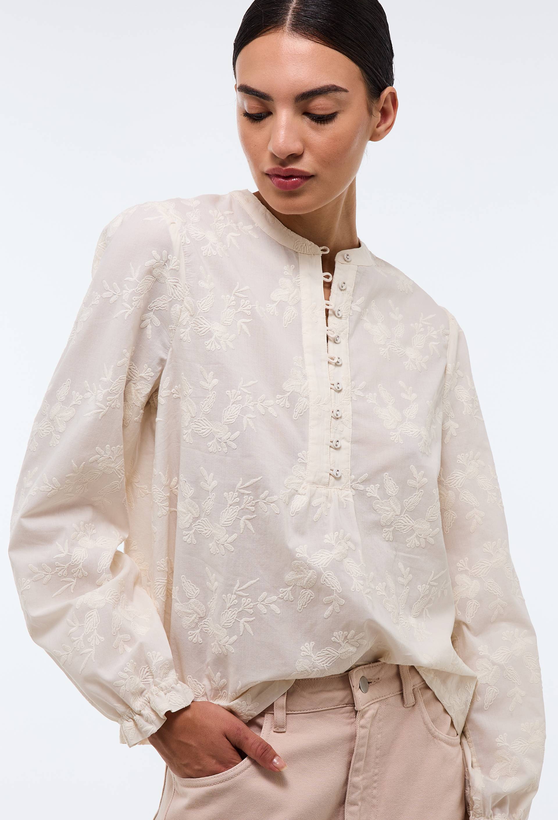 Blouse manches longues brod&eacute;e en coton BIO GOTS, Ecru, large image number 0