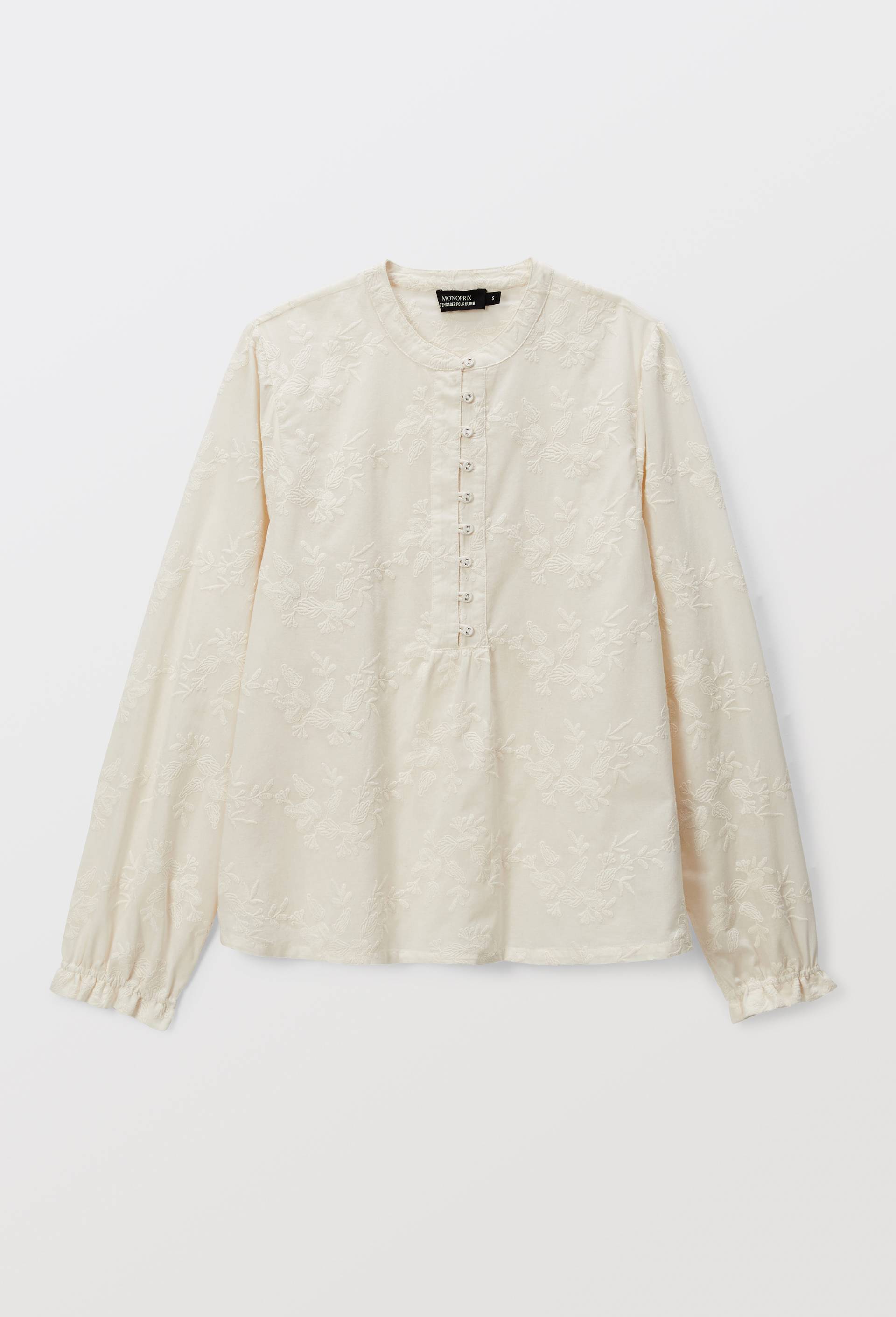Blouse manches longues brod&eacute;e en coton BIO GOTS, Ecru, large image number 2