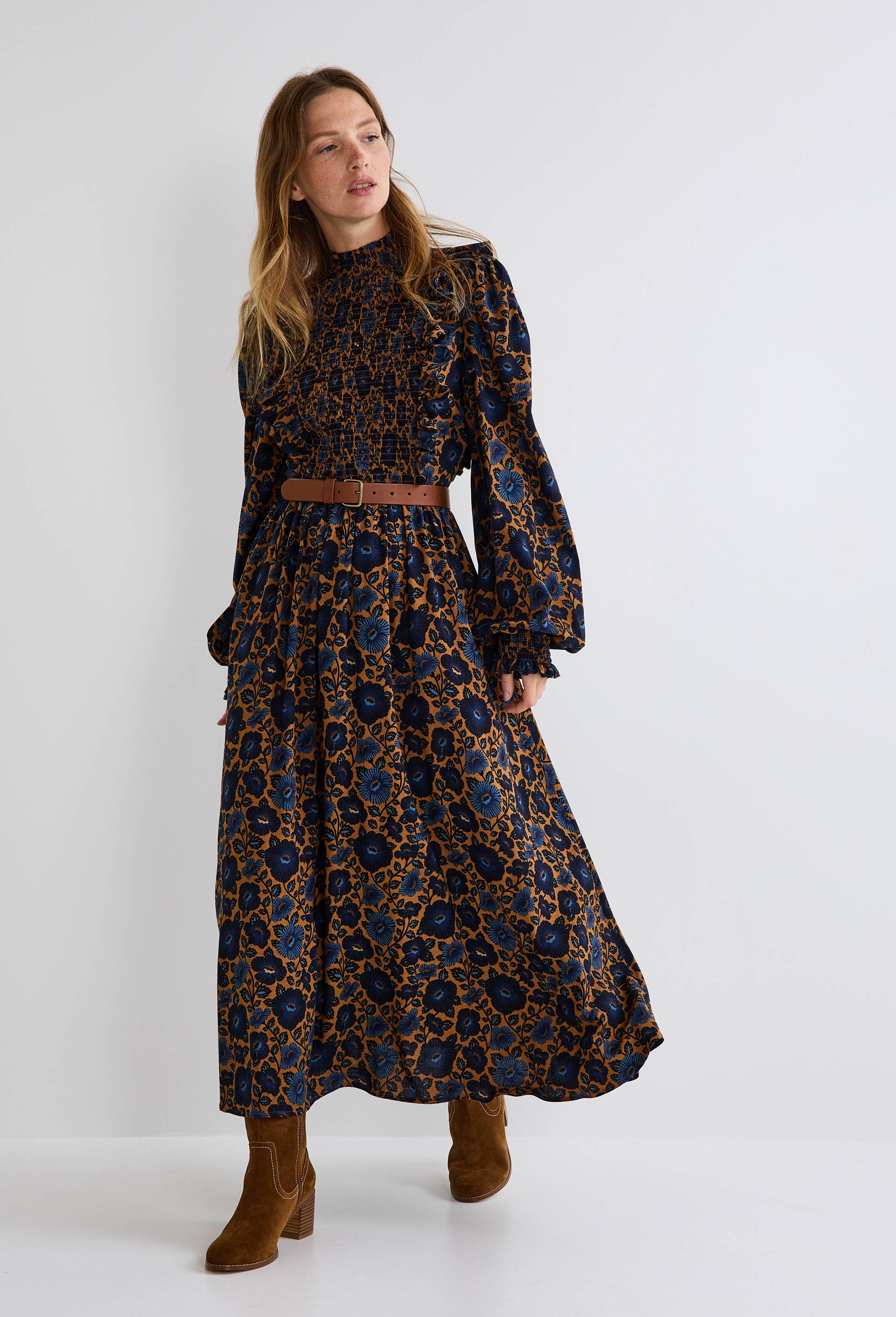 Robe midi smock&eacute;e imprim&eacute;e, Bleu fonc&eacute;, large image number 0