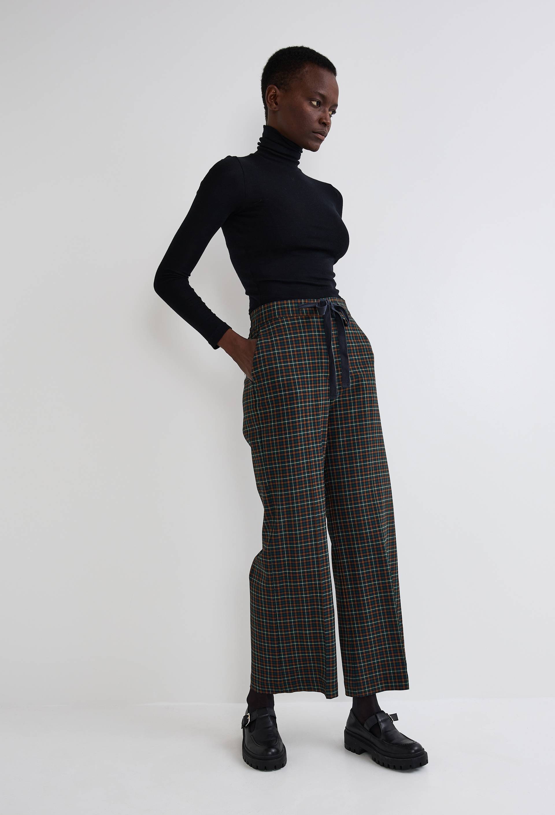 Pantalon large &agrave; taille semi-&eacute;lastiqu&eacute;e &agrave; carreaux, Vert fonc&eacute;, large image number 0