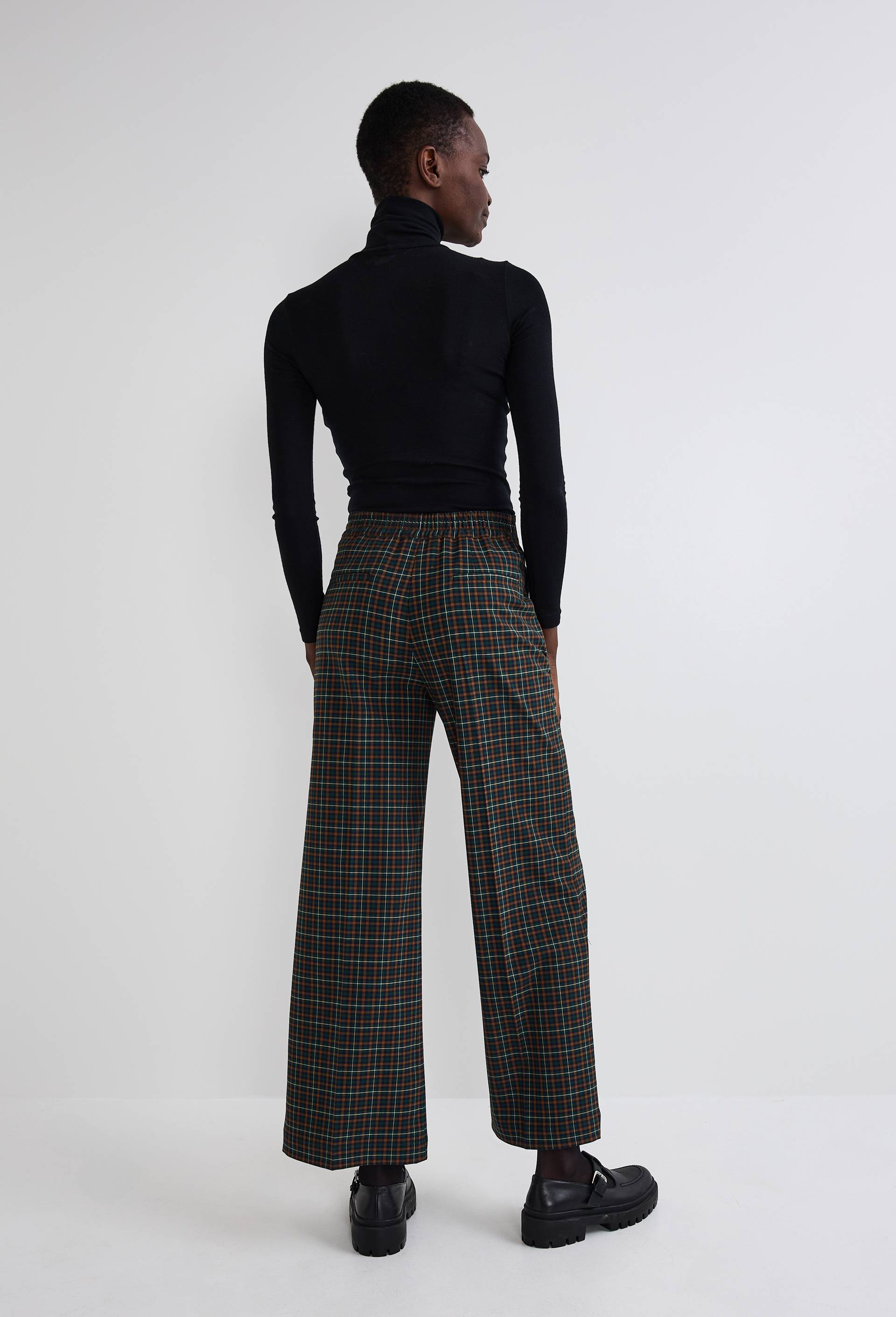 Pantalon large &agrave; taille semi-&eacute;lastiqu&eacute;e &agrave; carreaux, Vert fonc&eacute;, large image number 1.0