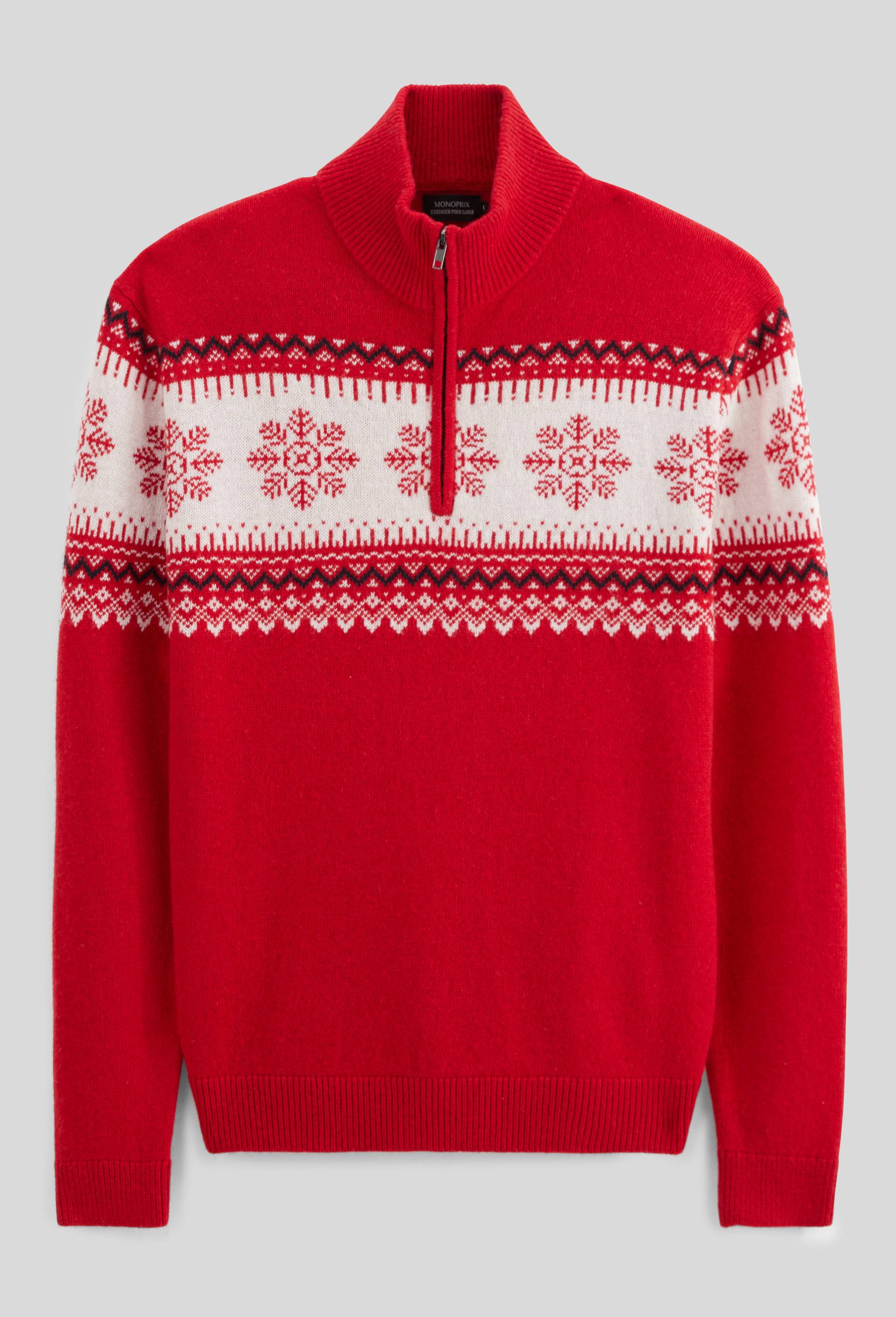 Pull col camionneur jacquard de no&euml;l contenant de la laine, Rouge, large image number 2