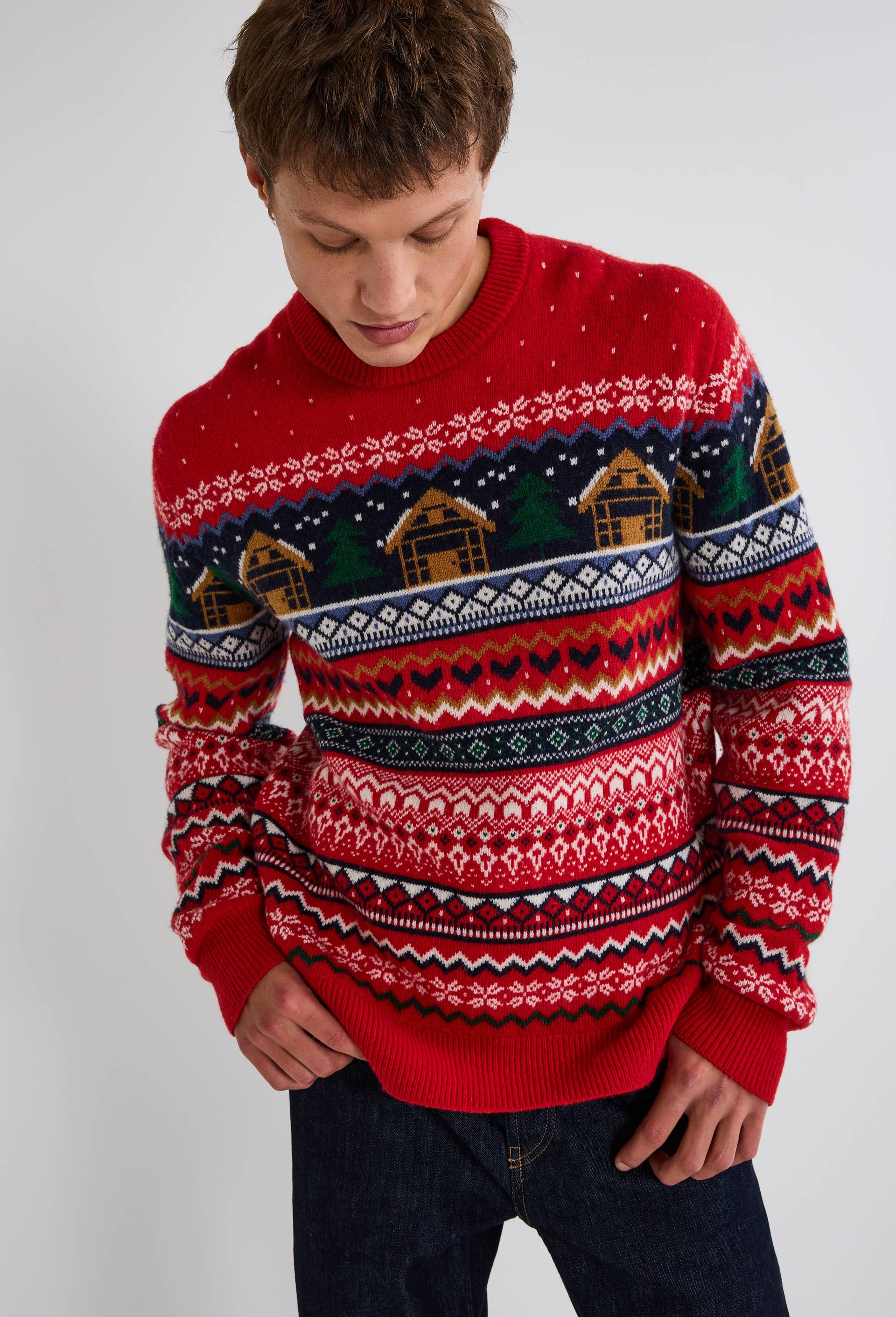 Pull col rond jacquard de no&euml;l contenant de la laine, Rouge, large image number 0