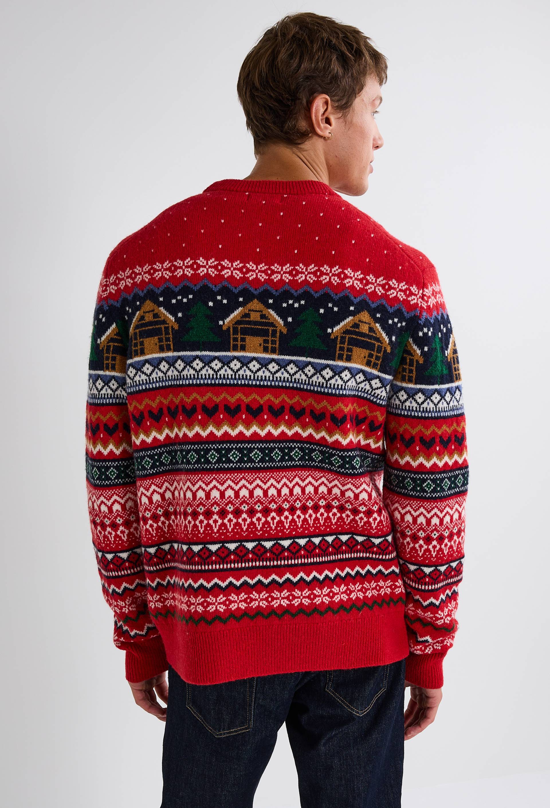 Pull col rond jacquard de no&euml;l contenant de la laine, Rouge, large image number 1