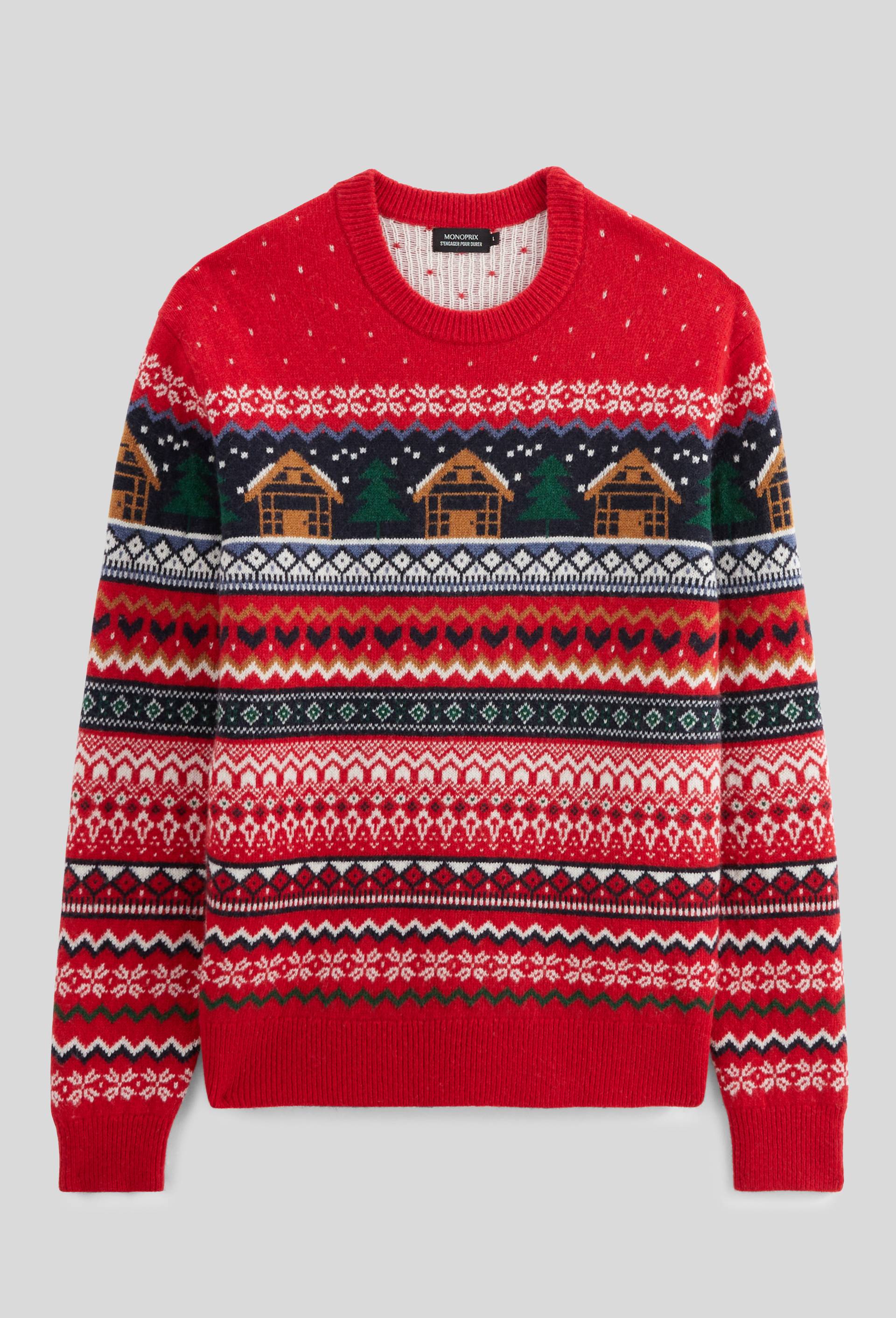 Pull col rond jacquard de no&euml;l contenant de la laine, Rouge, large image number 2