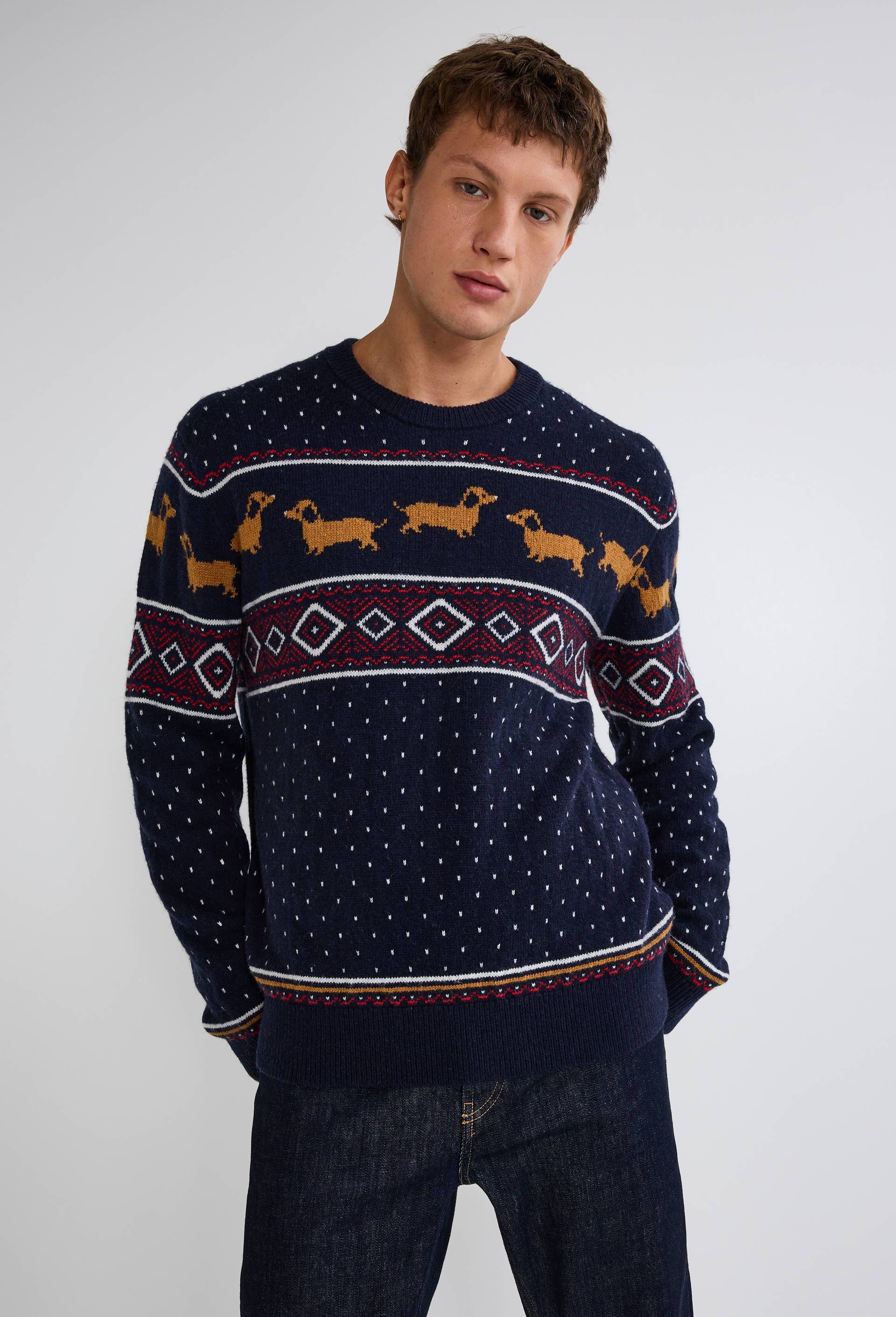 Pull col rond jacquard de no&euml;l contenant de la laine, Bleu fonc&eacute;, large image number 0