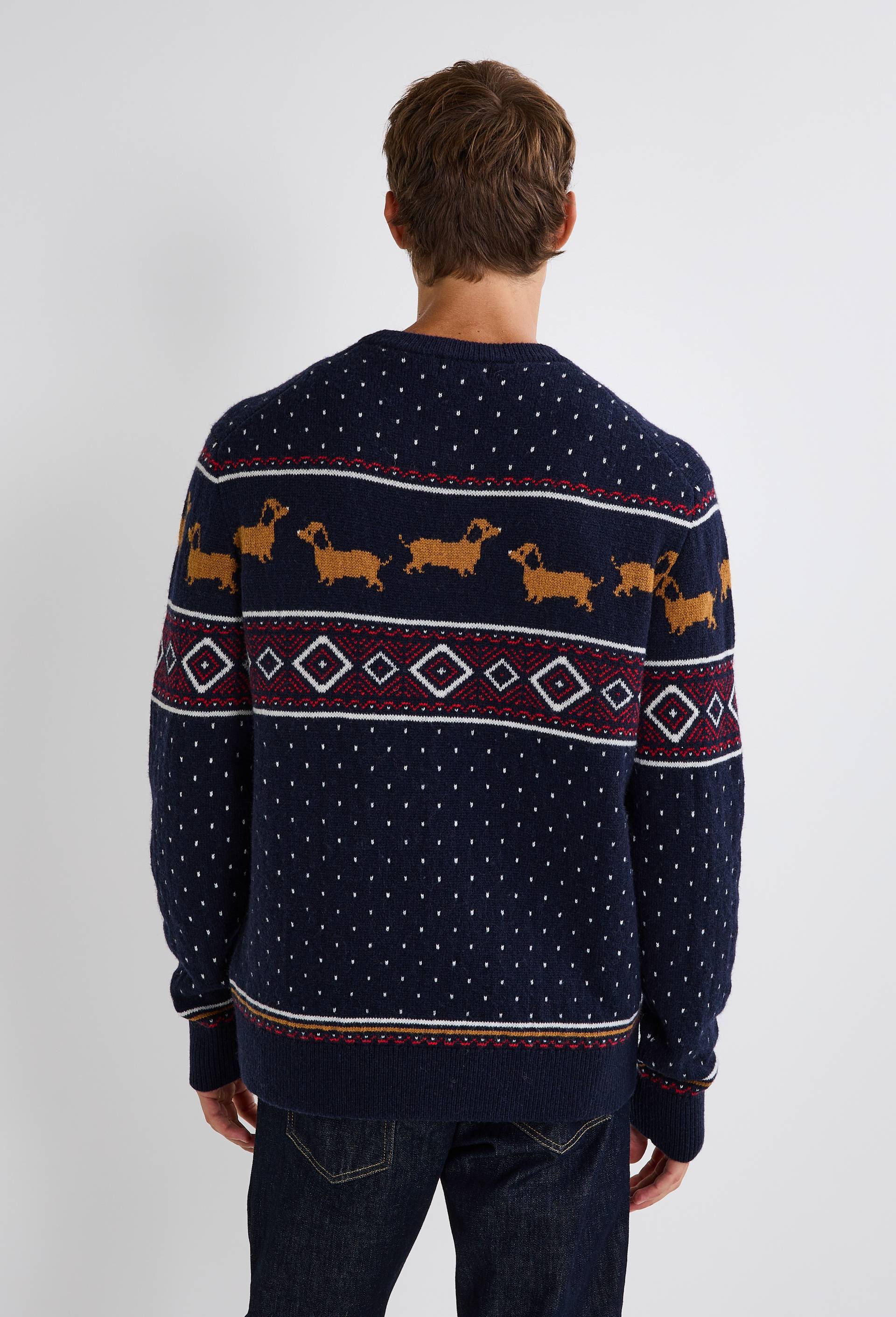 Pull col rond jacquard de no&euml;l contenant de la laine, Bleu fonc&eacute;, large image number 1