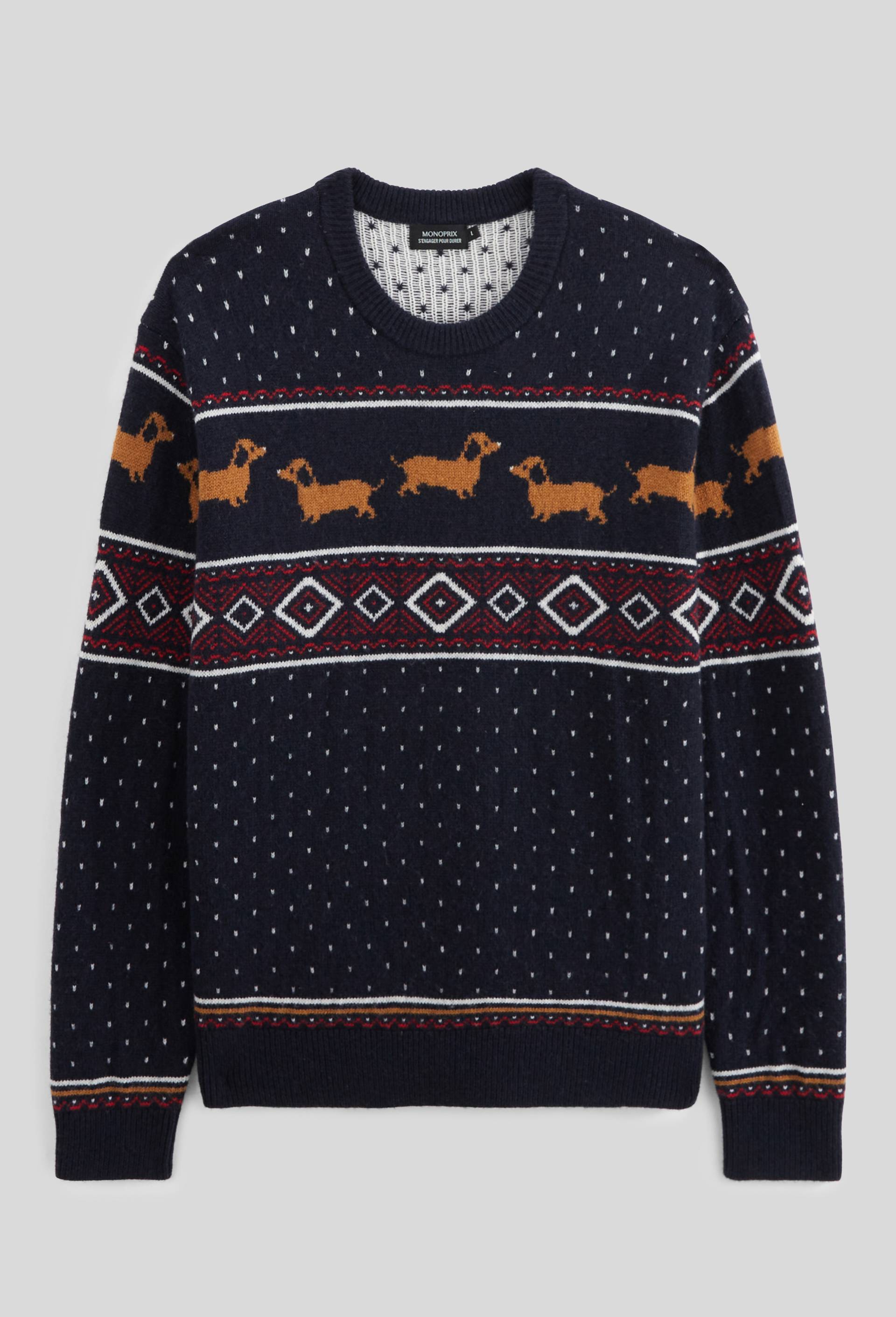 Pull col rond jacquard de no&euml;l contenant de la laine, Bleu fonc&eacute;, large image number 2