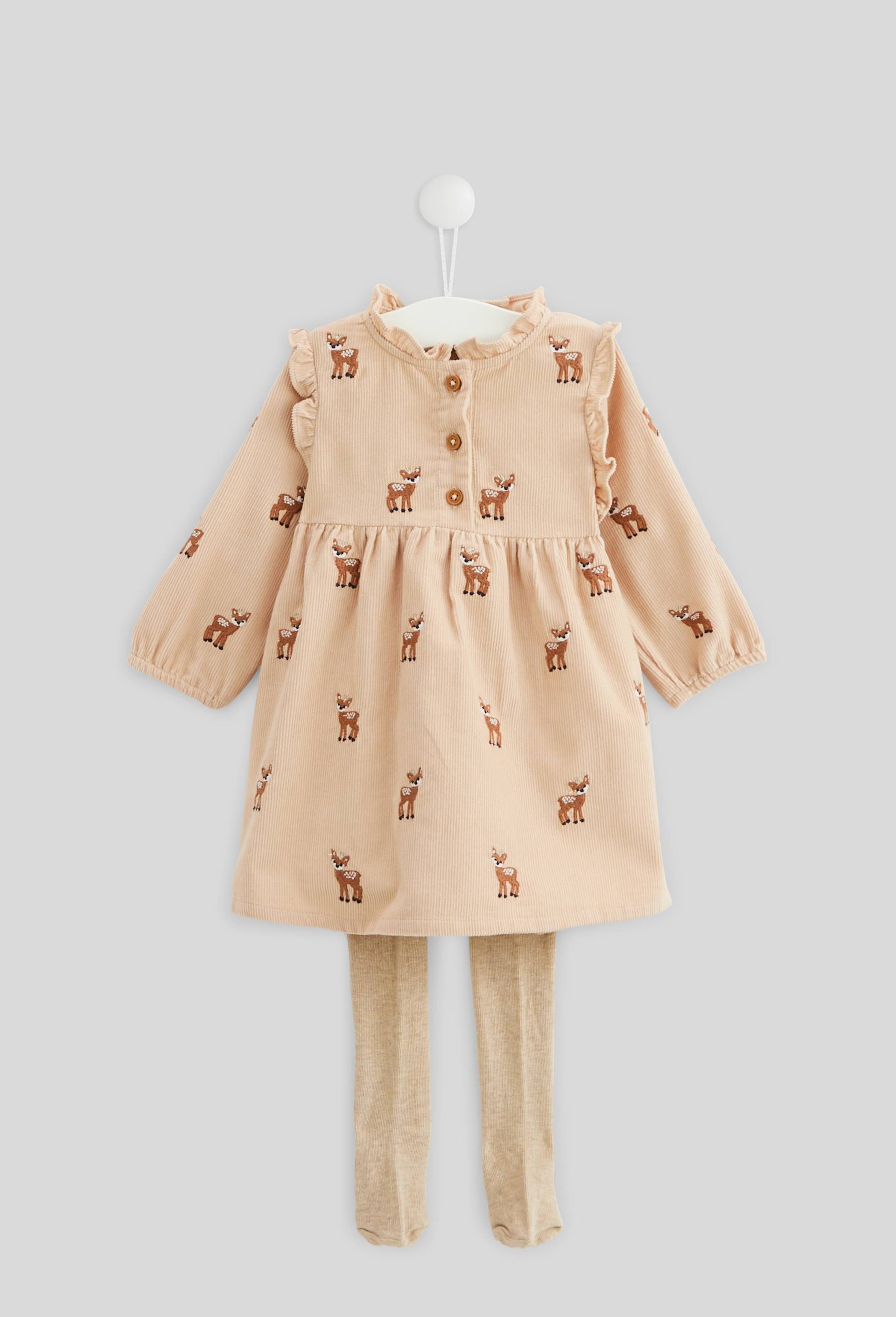 Robe manches longues col montant doublée en velours brodée avec collant uni, certifié OEKO-TEX, Beige, large image number 0