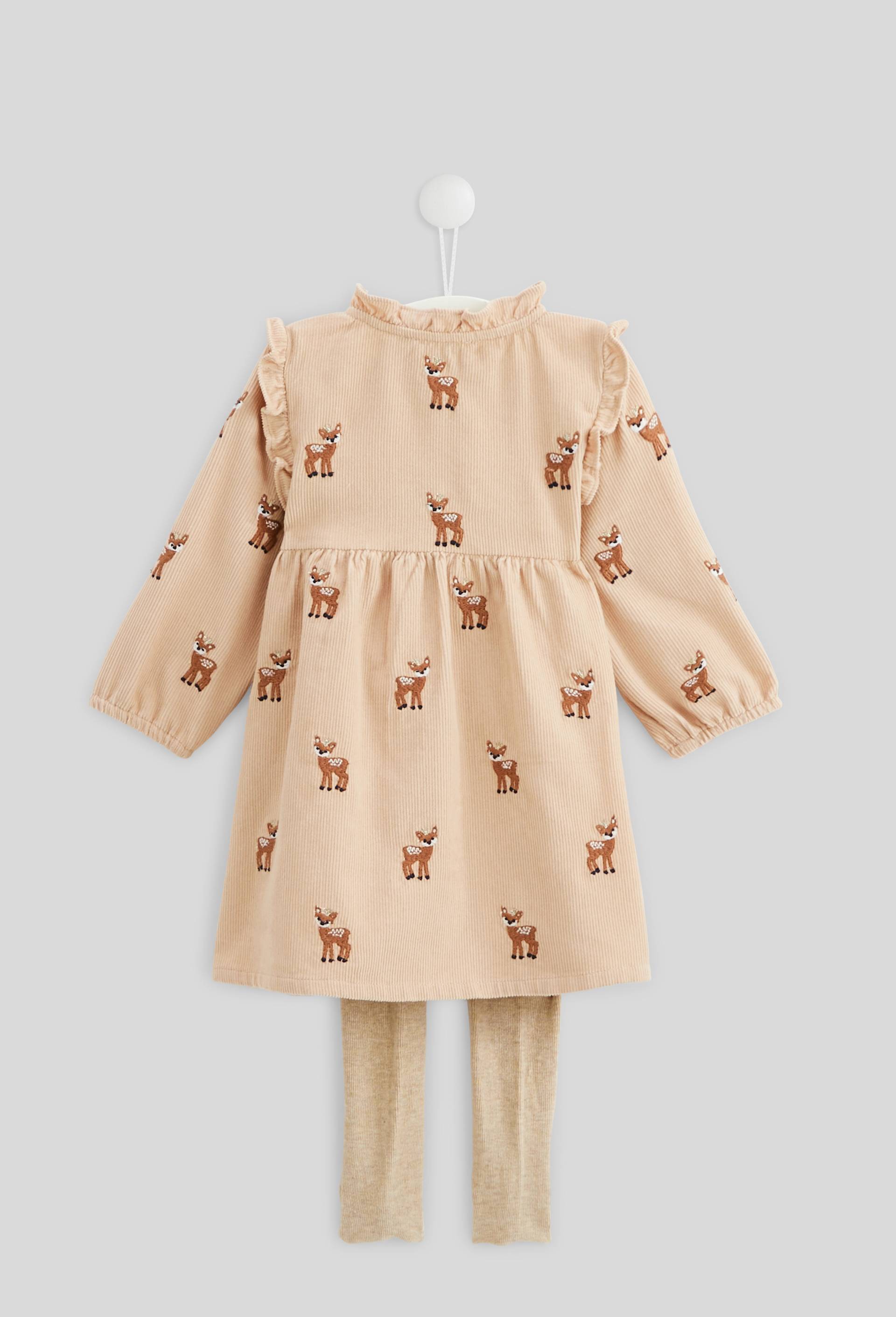 Robe manches longues col montant doublée en velours brodée avec collant uni, certifié OEKO-TEX, Beige, large image number 1