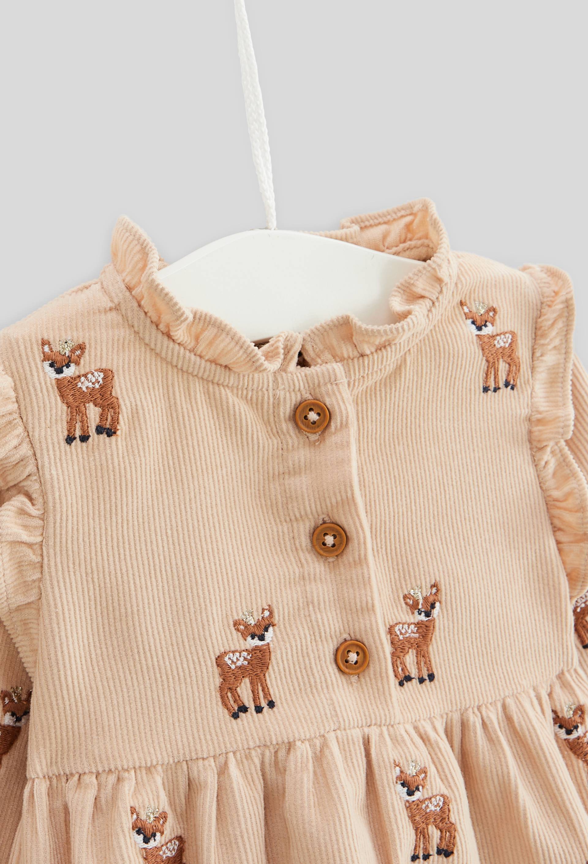 Robe manches longues col montant doublée en velours brodée avec collant uni, certifié OEKO-TEX, Beige, large image number 2