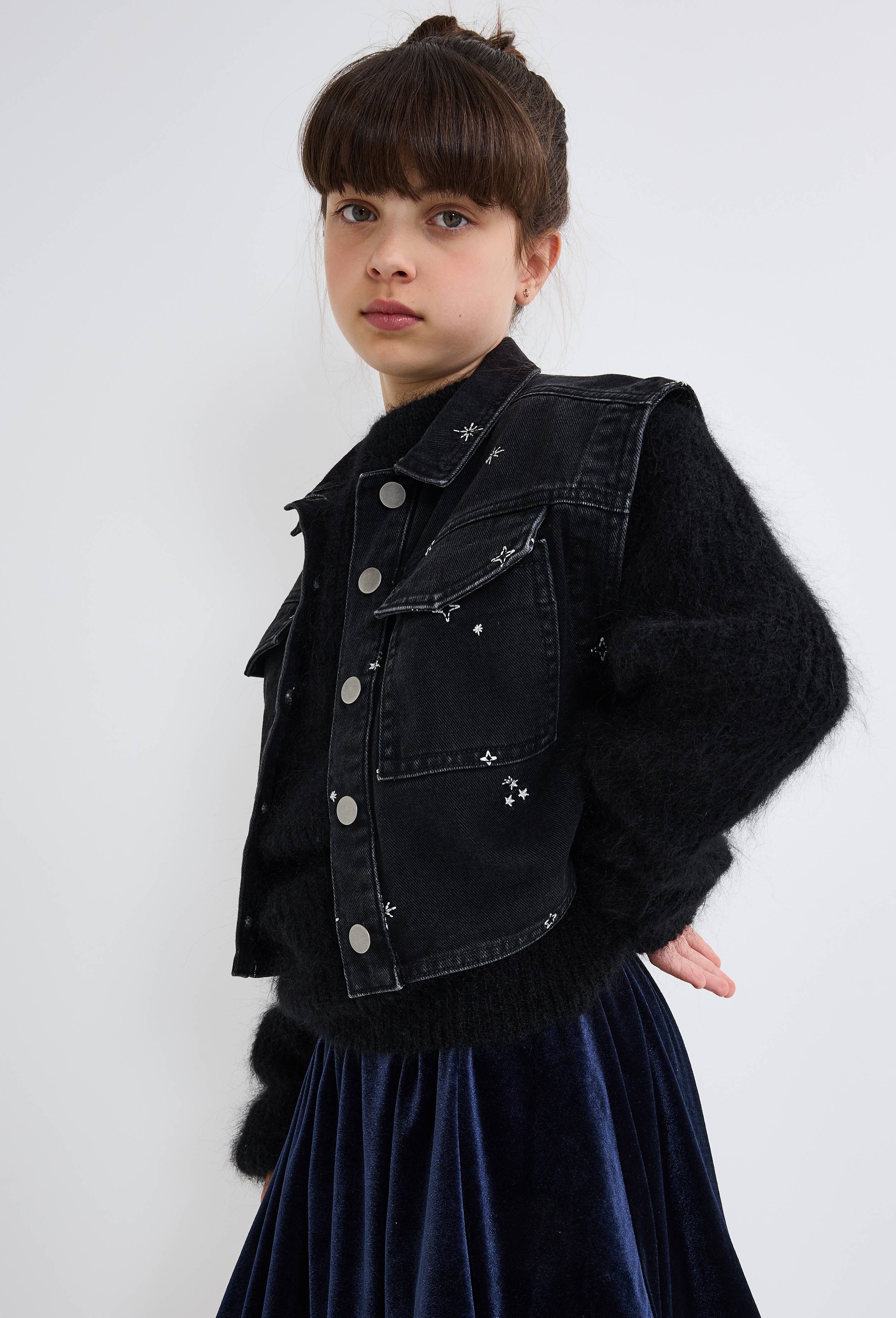 Veste en jean sans manches &agrave; motifs  brod&eacute;s, Noir, large image number 1.0