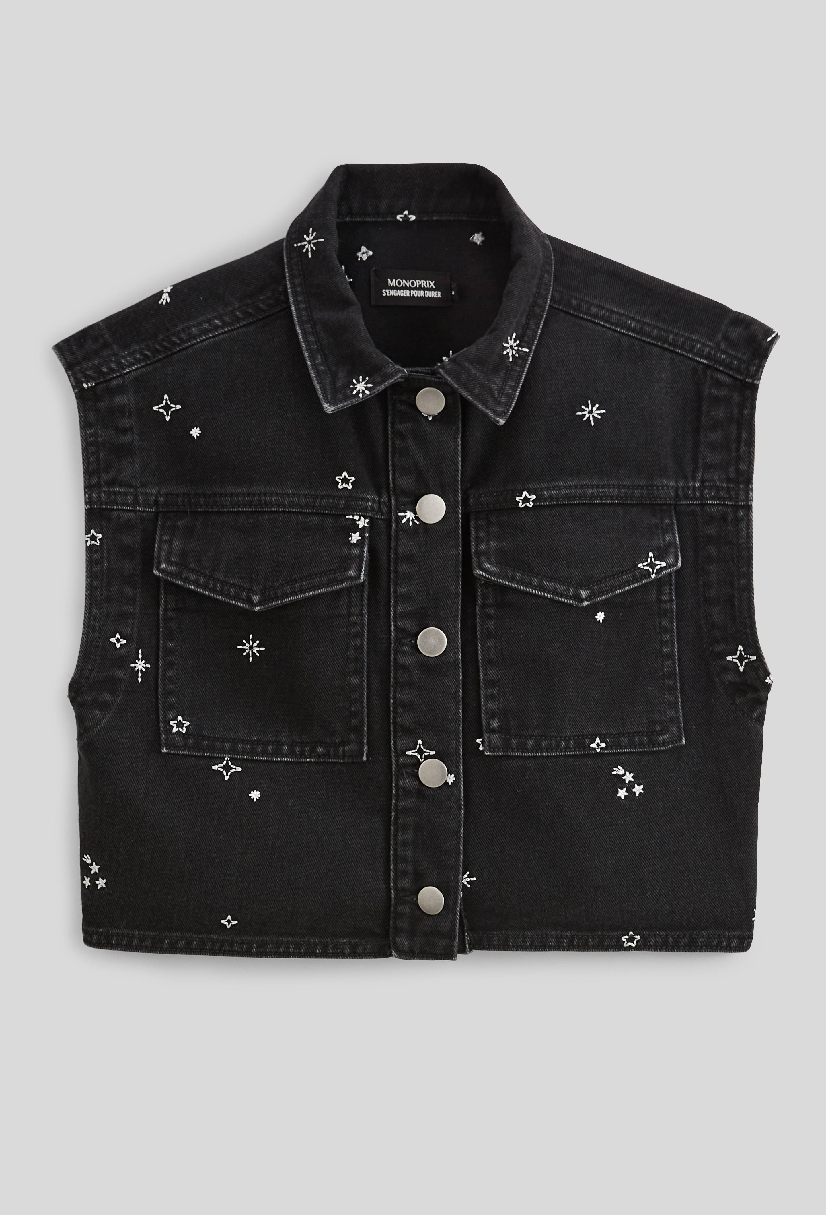 Veste en jean sans manches &agrave; motifs  brod&eacute;s, Noir, large image number 2.0