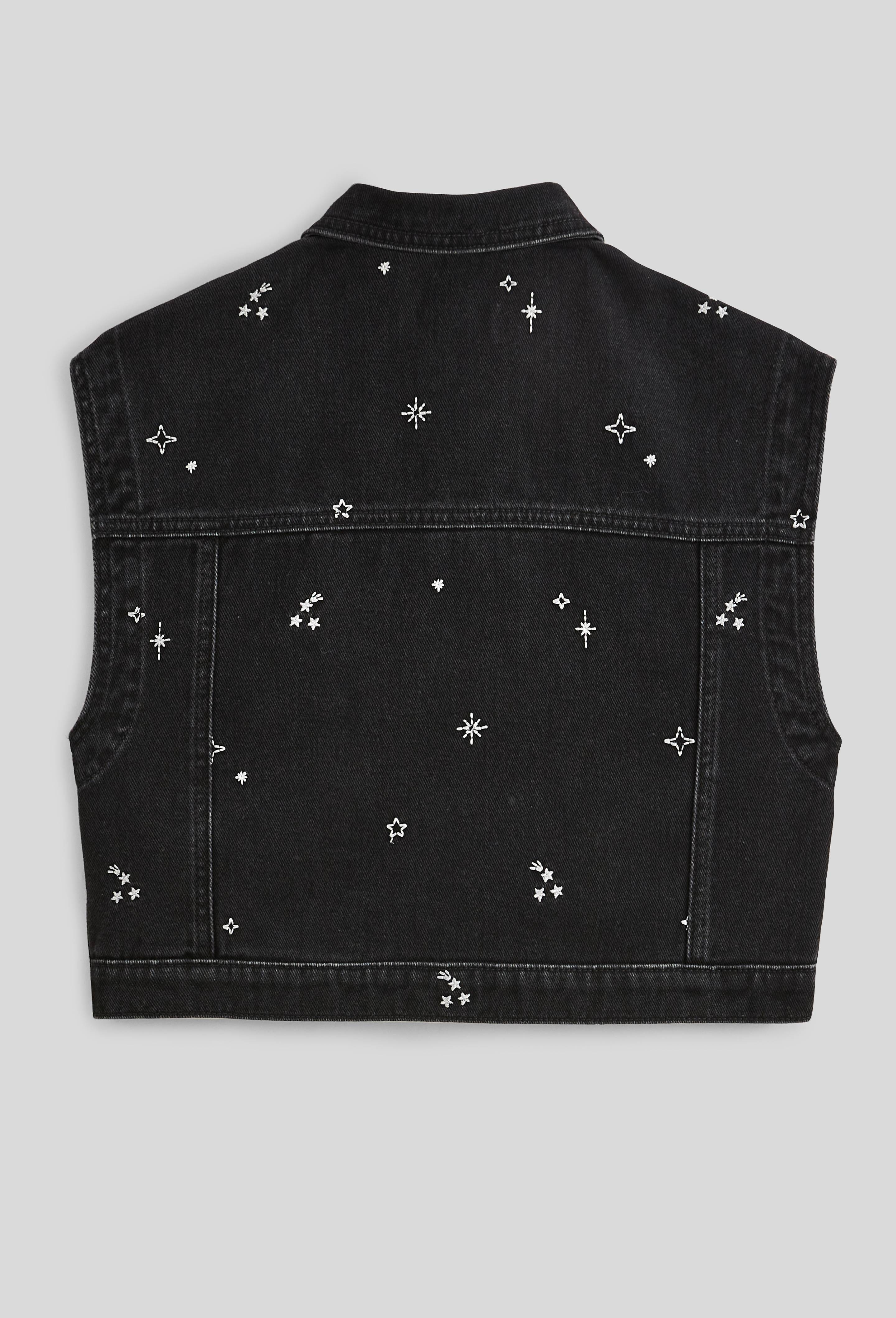 Veste en jean sans manches &agrave; motifs  brod&eacute;s, Noir, large image number 3.0