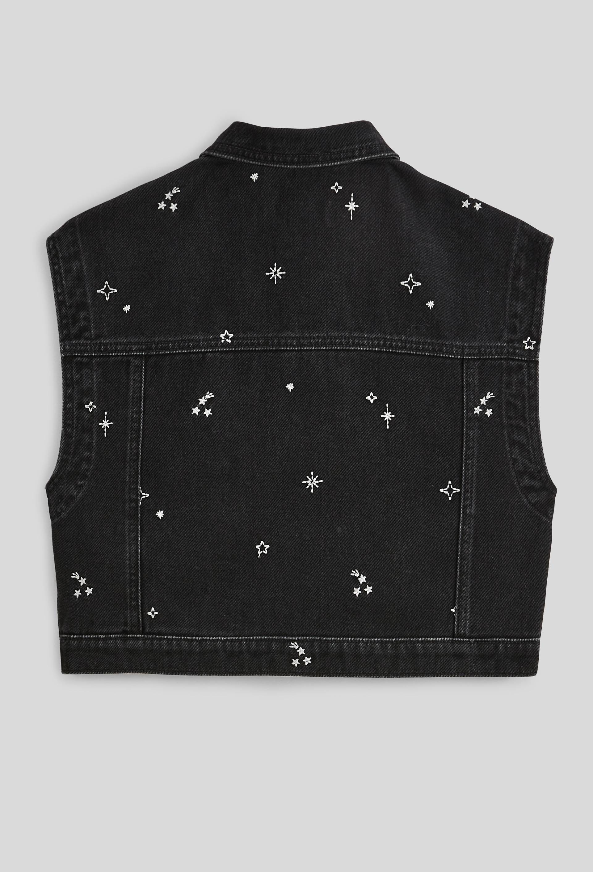 Veste en jean sans manches &agrave; motifs  brod&eacute;s, Noir, large image number 4
