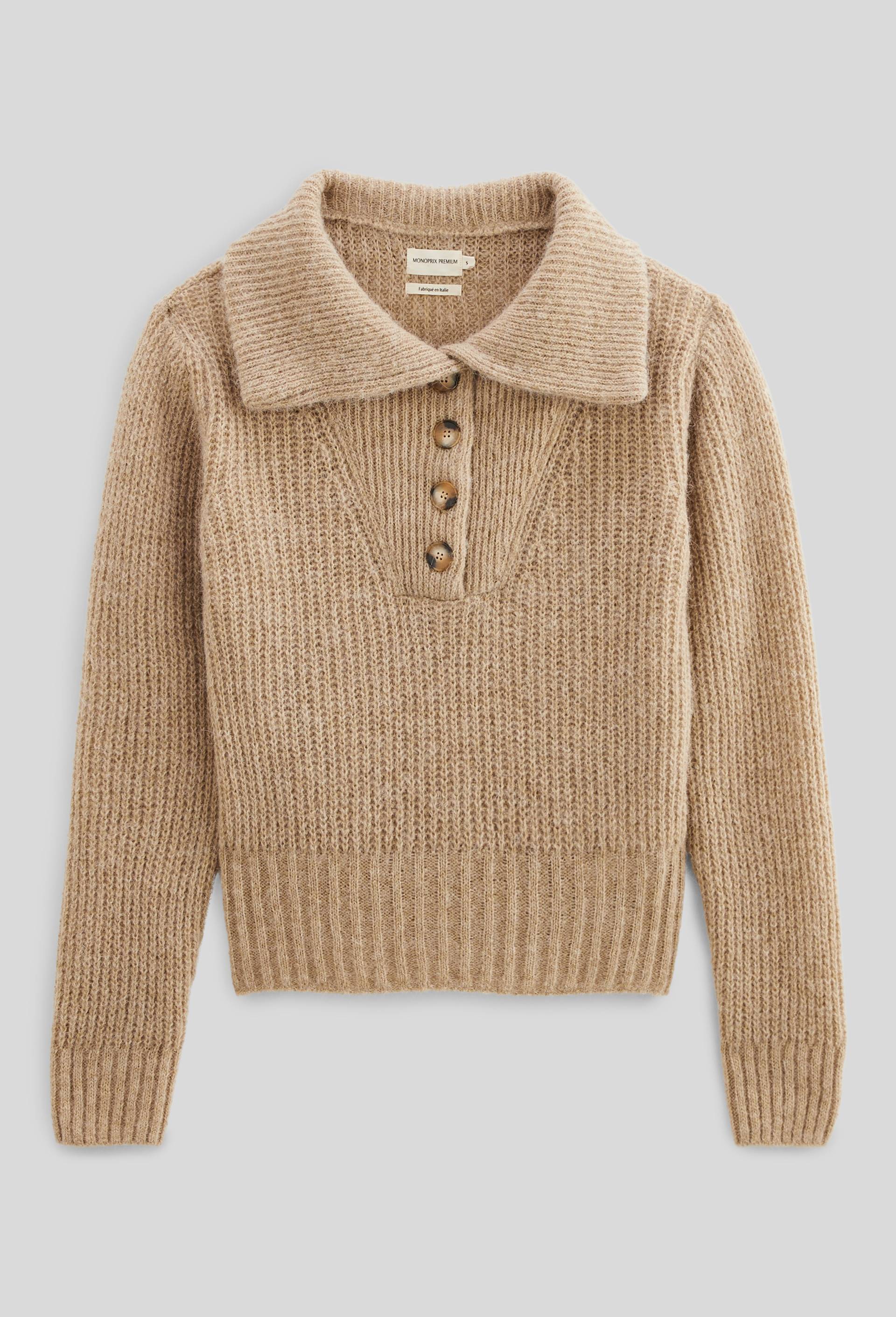 Pull col montant boutonn&eacute;, Beige, large image number 3
