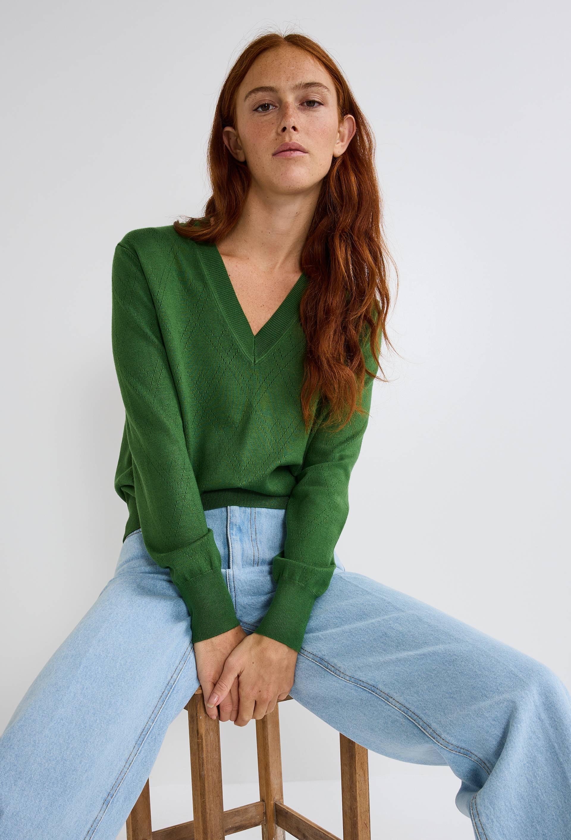 Pull col V ajour&eacute;, Vert, swatch image